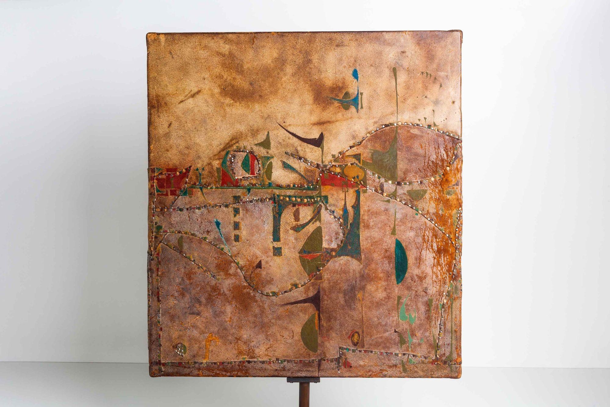Joe Downing Mixed Media Rawhide Painting
This stunning mixed media artwork features overlapping rawhide secured with copper tacks, executed on both sides for a captivating visual effect. Each side is signed by the artist in the lower right