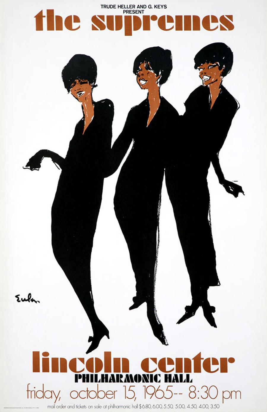This is an original lithographic print created by the artist Joe Eula to promote a concert by The Supemes at Lincoln Center , New York. Noteworthy is that the top priced ticket was $6.50 . Ticket prices have certainly changed in the interim 45+