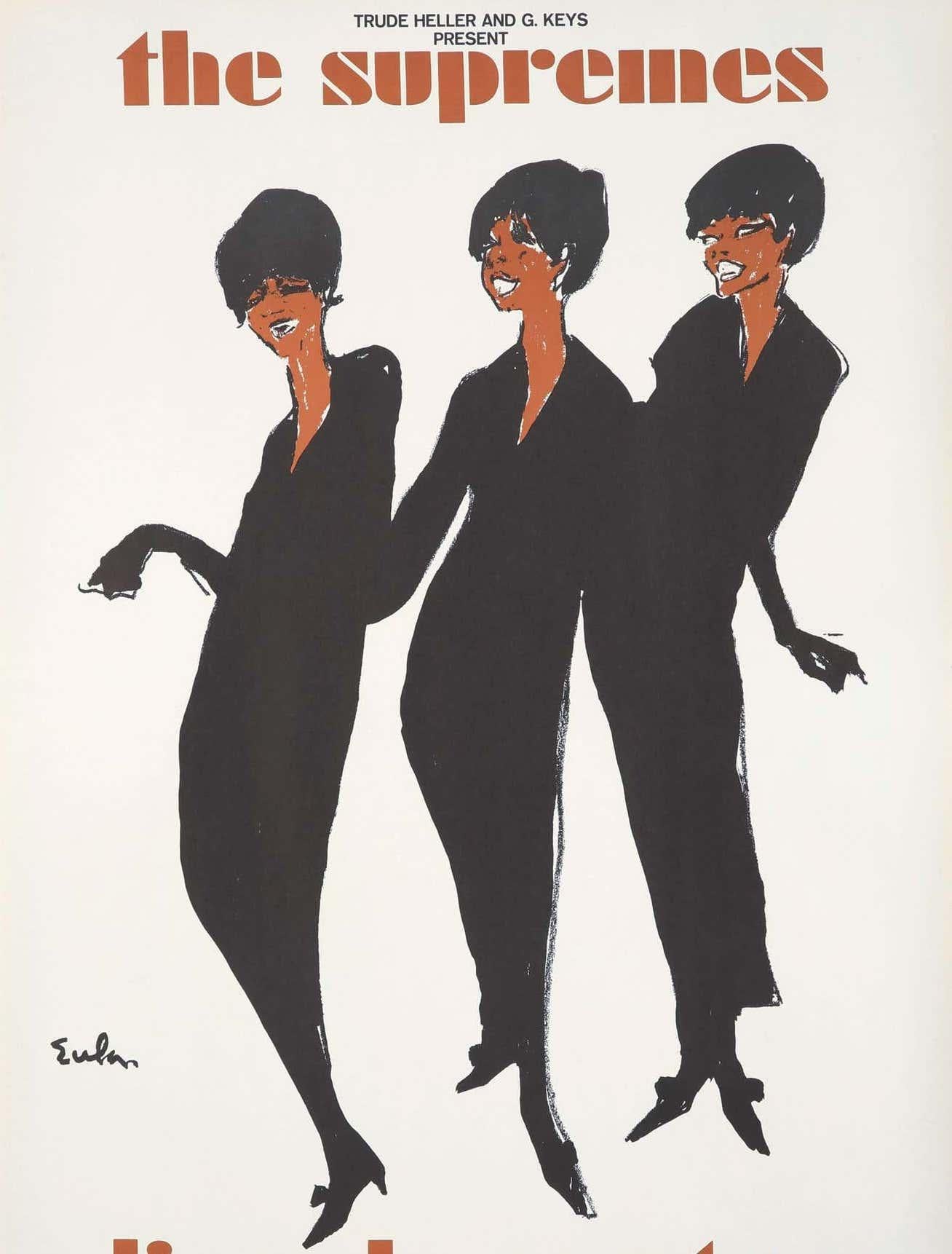 Joe Eula, vintage original The Supremes promo poster:
Among Eula's most famous illustrations, this fashionable and soulful work was published in 1965 to publicize the legendary Motown group's concert at Lincoln Center (10/15/65). 

Off-set