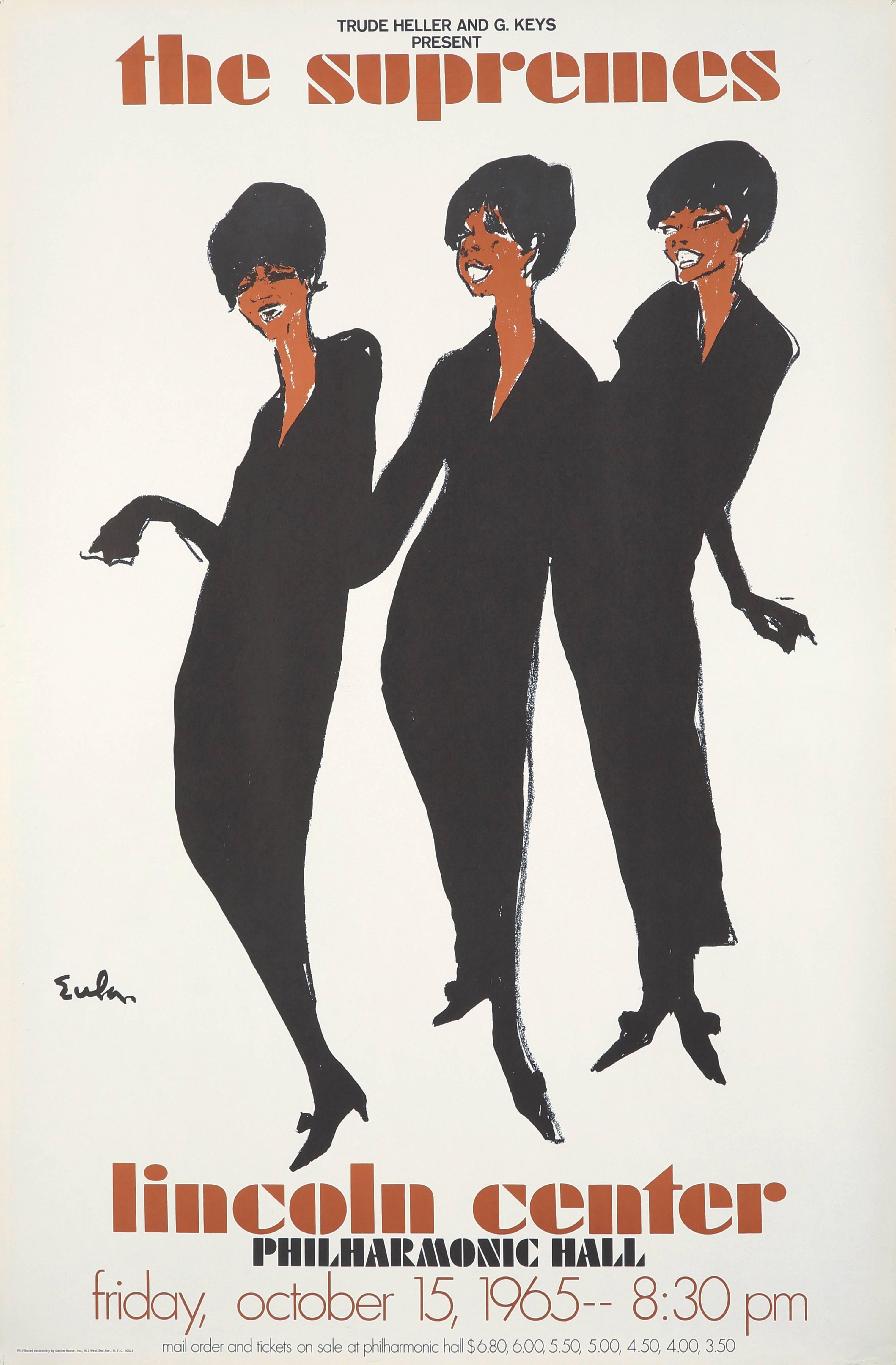 Joe Eula, affiche promotionnelle originale et vintage des Supremes :
Parmi les illustrations les plus célèbres d'Eula, cette œuvre à la mode et pleine d'âme a été publiée en 1965 pour annoncer le concert du légendaire groupe Motown au Lincoln Center