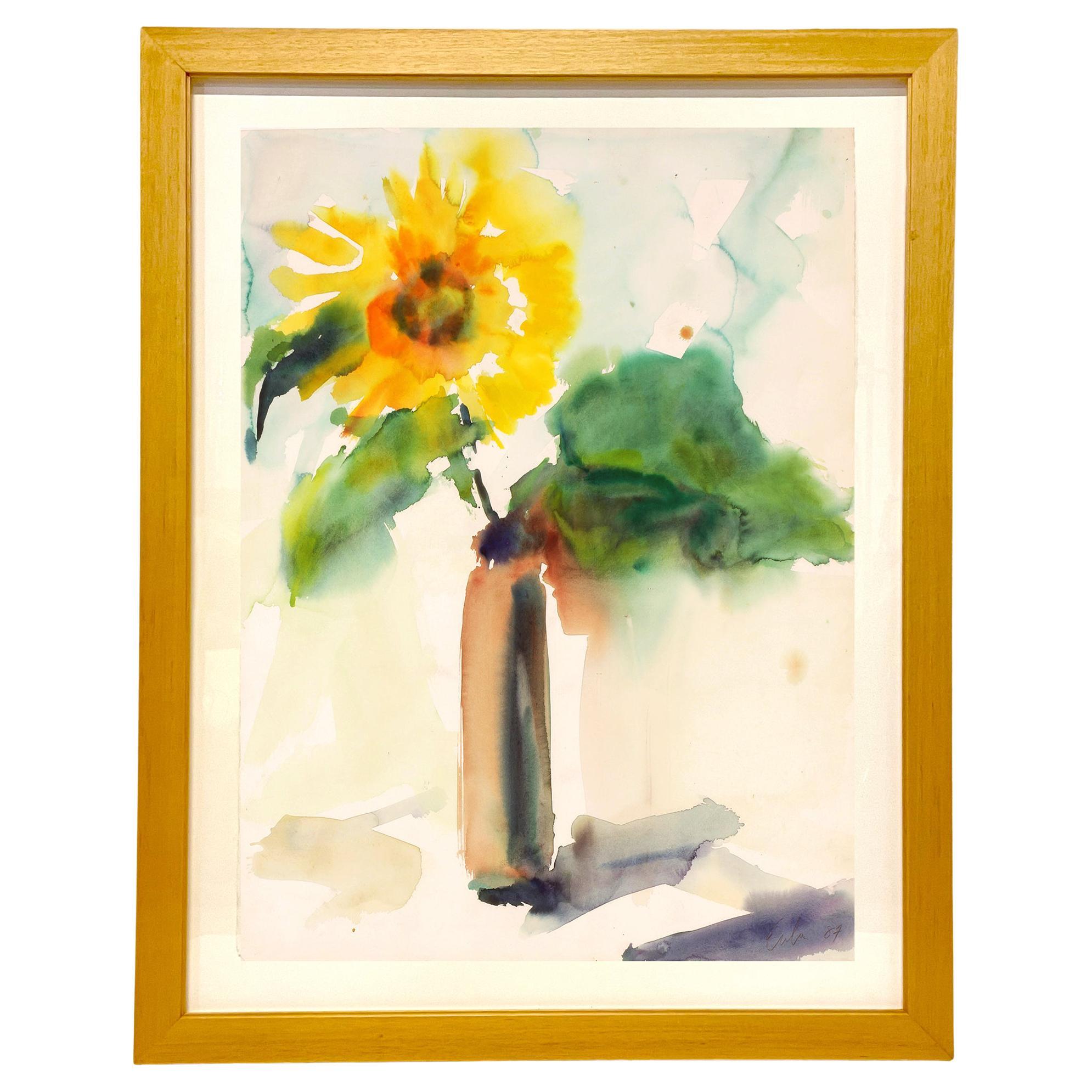 Joe Eula Watercolor of a Sunflower For Sale