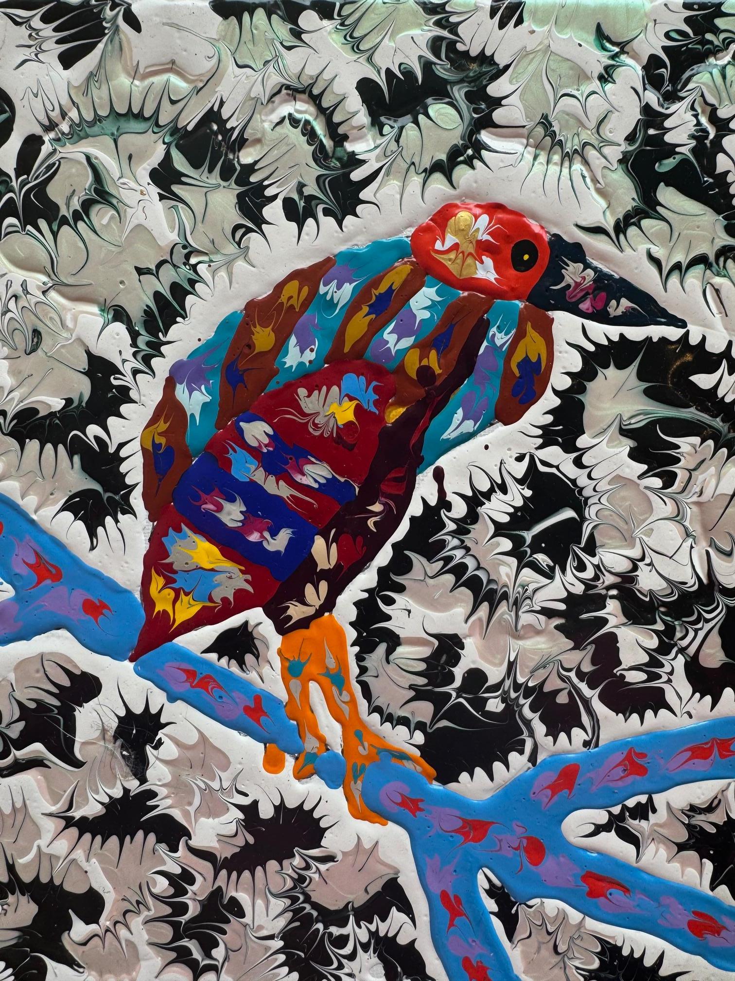 Joe Fay Figurative Painting – Schwarzer Kronleuchter-Nacht-Heron