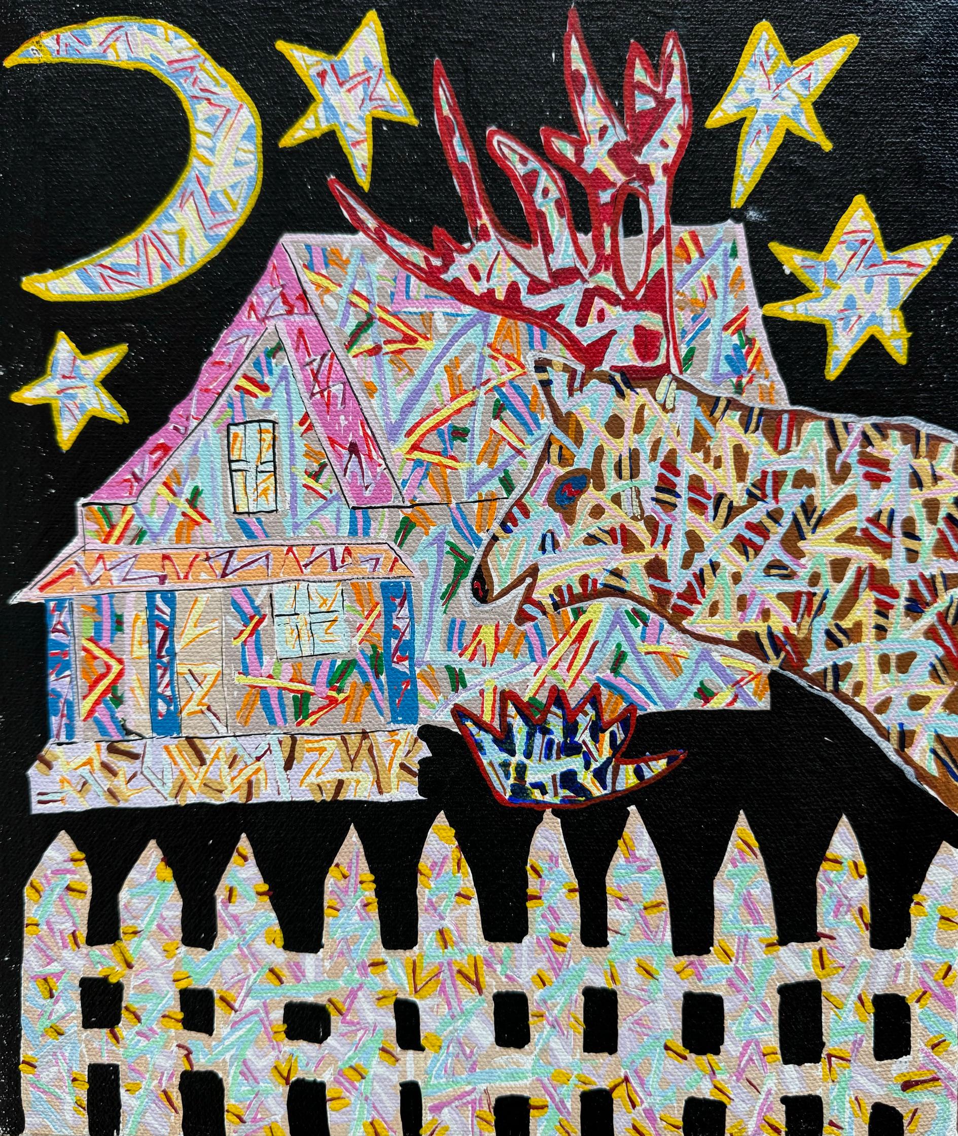 Joe Fay Animal Painting – Elch mit rotem Geweih in meinem Yard um 2 Uhr morgens