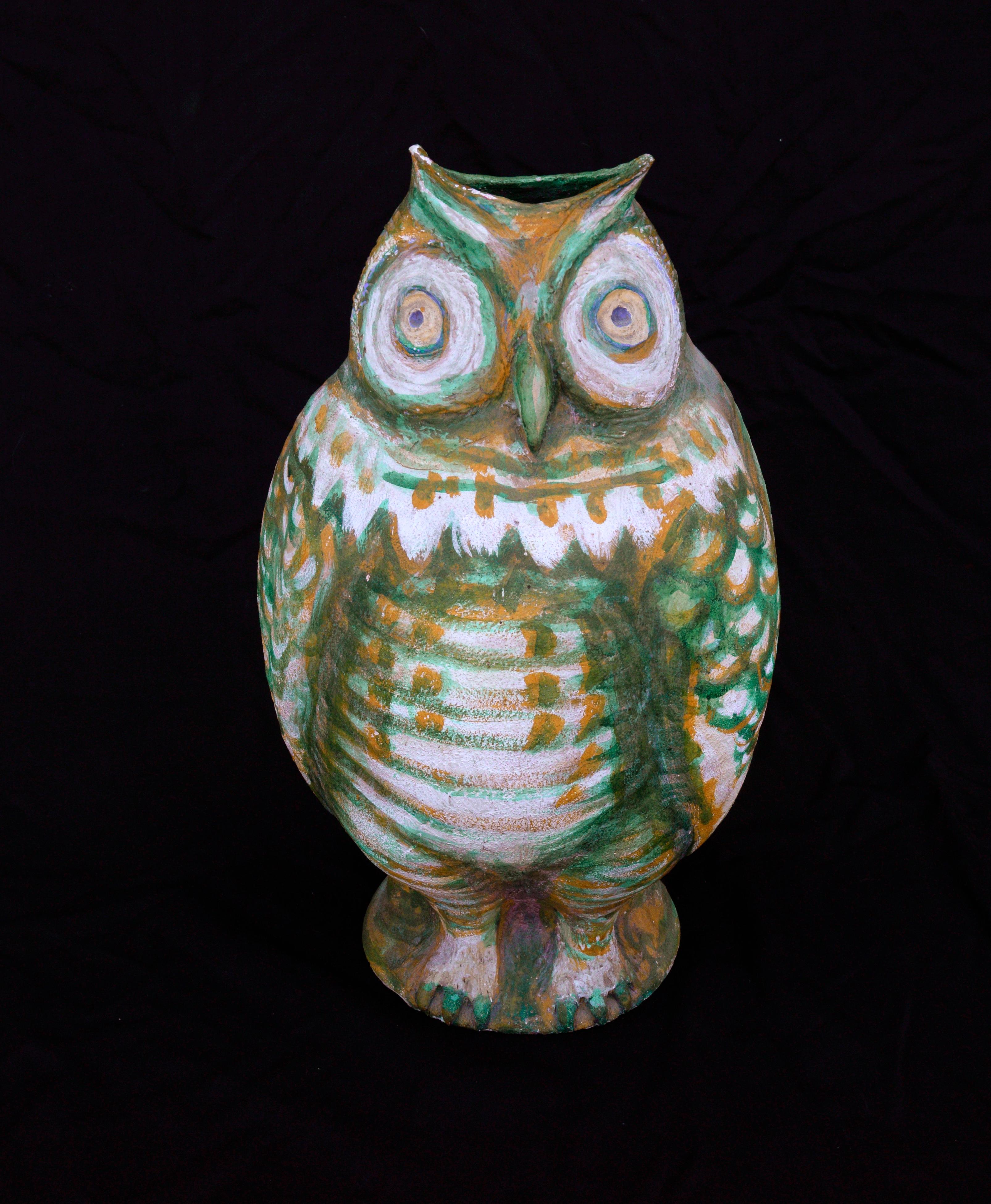 Joe Funk Figurative Sculpture - Green Owl Jar by Joseph Funk
