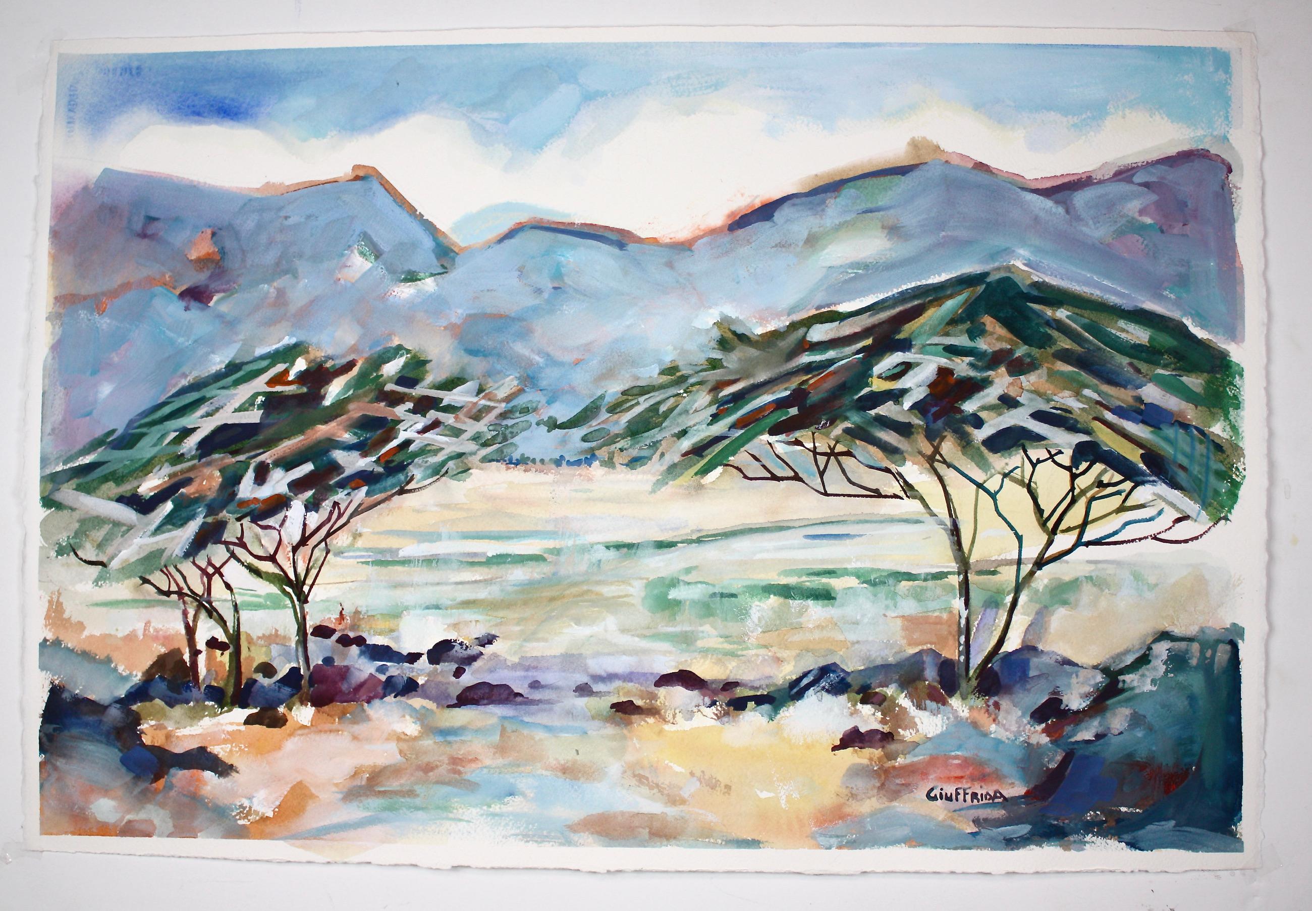 <p>Kommentare des Künstlers<br>Der Künstler Joe Giuffrida zeigt eine expressionistische Ansicht von zwei Akazienbäumen. Er fängt die Schönheit der Baldachine mit strukturierten und farbigen Gestaltungselementen ein. Die schraffierten Farbbänder
