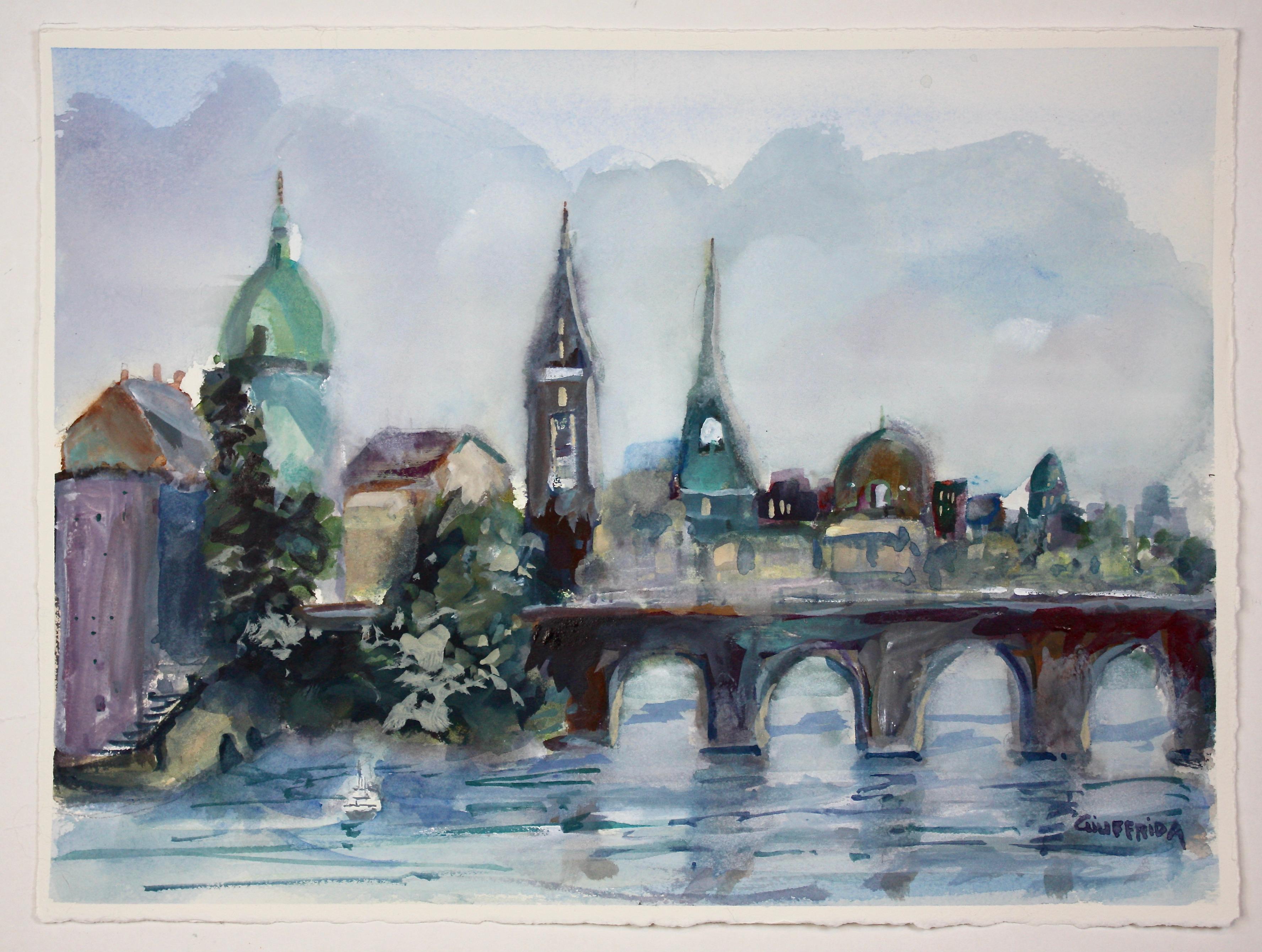 Charles Bridge, Prague, Original Painting - Abstract Impressionist Mixed Media Art by Joe  Giuffrida