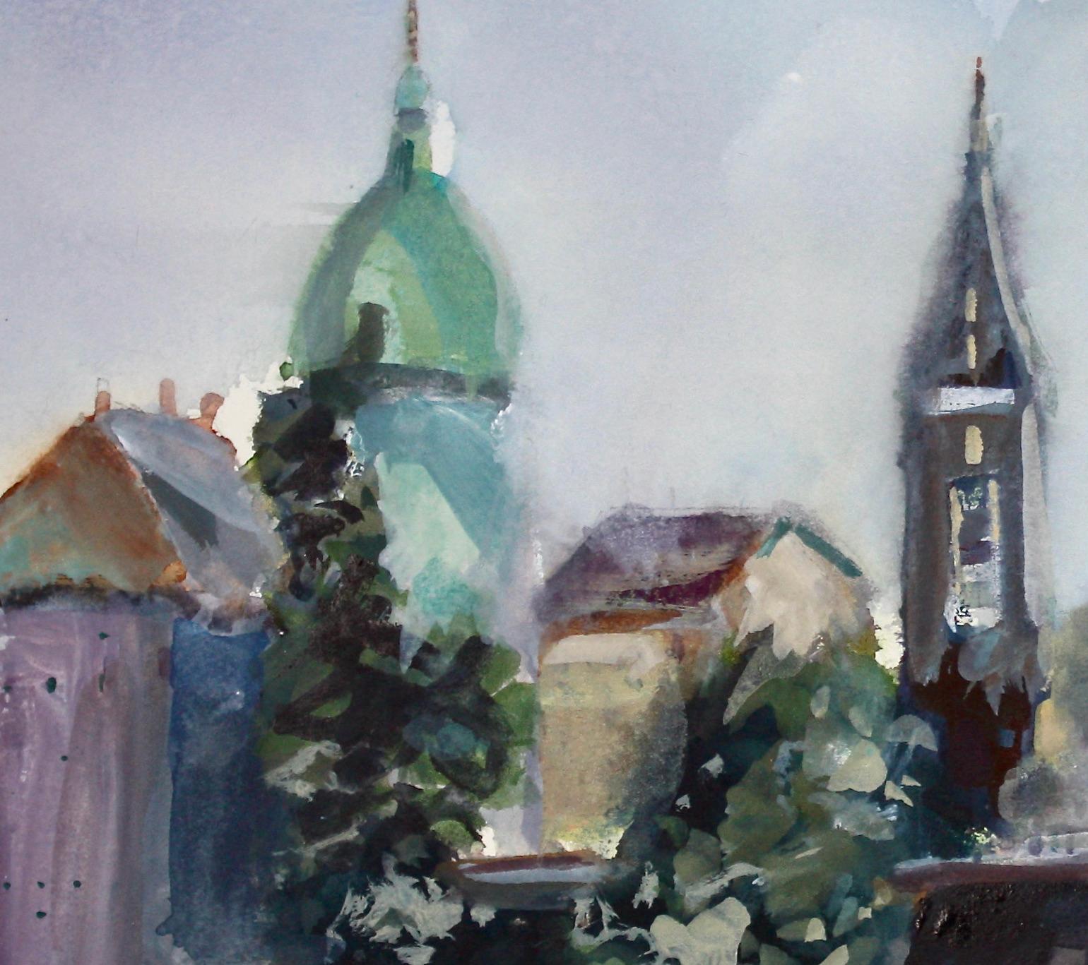 <p>Artist Comments<br>Artist Joe Giuffrida paints a scenic view of Charles Bridge extending the Vltava River. The bridge's archways provide the energy or sense of movement versus the still shapes of the city buildings. Joe decides to go with a