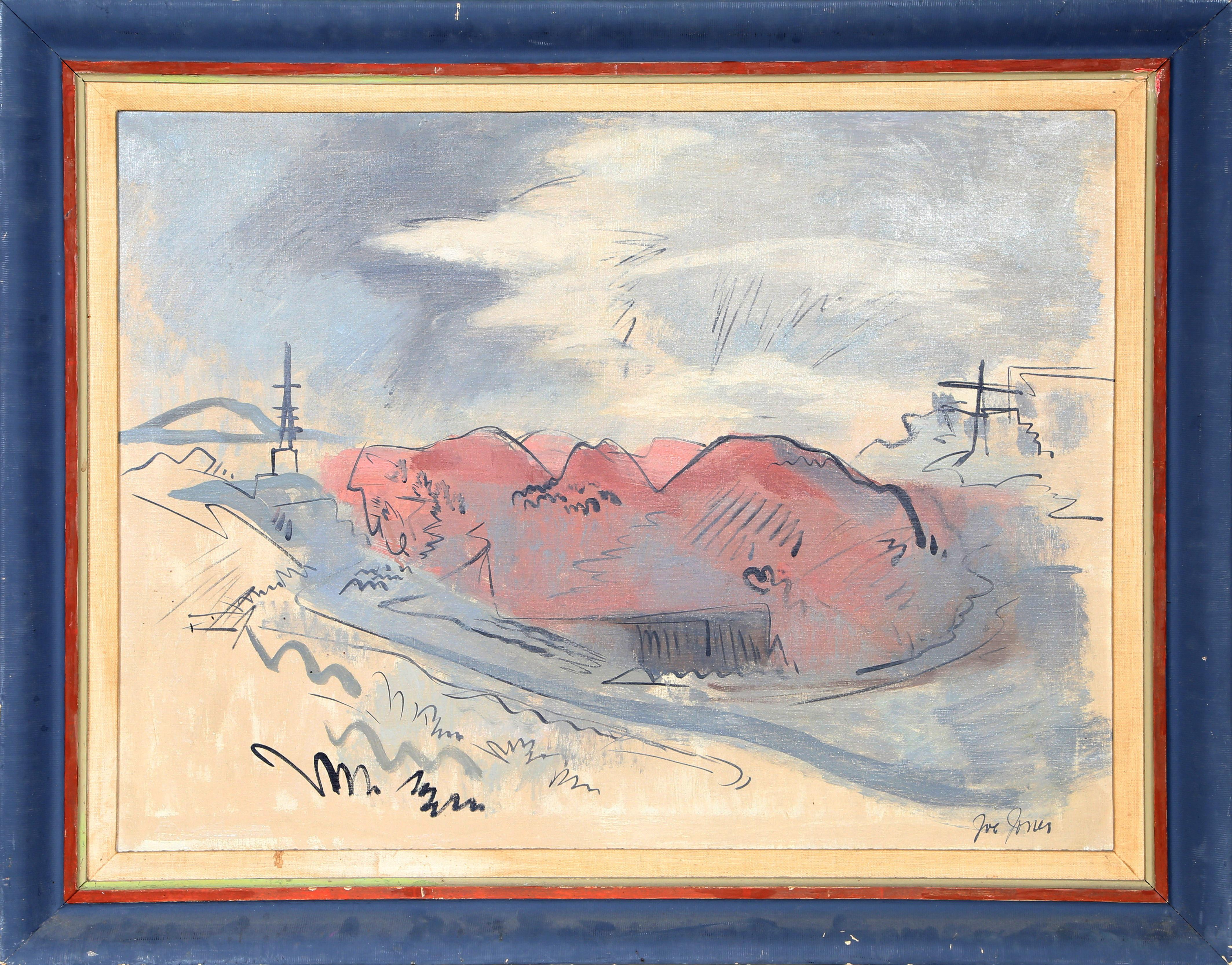 Un paysage simplifié peint à l'huile par Joe Jones. Cette pièce bicolore est joliment encadrée et signée.

Paysage moderne
Joe Jones, Américain (1909-1963)
Date : vers 1940
Huile sur toile, signée en bas à droite
Taille : 29.5 x 39.5 in. (74.93 x