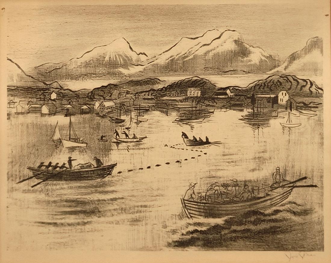 "Fishing Village" Joe Jones, Mid-Century, American Life, Small Town Scene