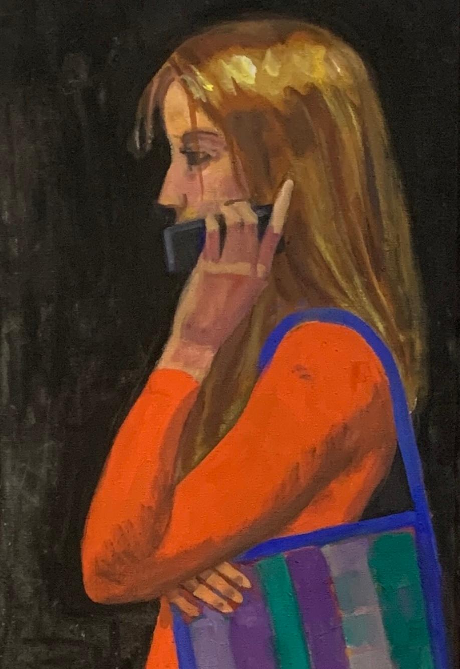 Cellphone - Black Figurative Painting by Joe Lasker
