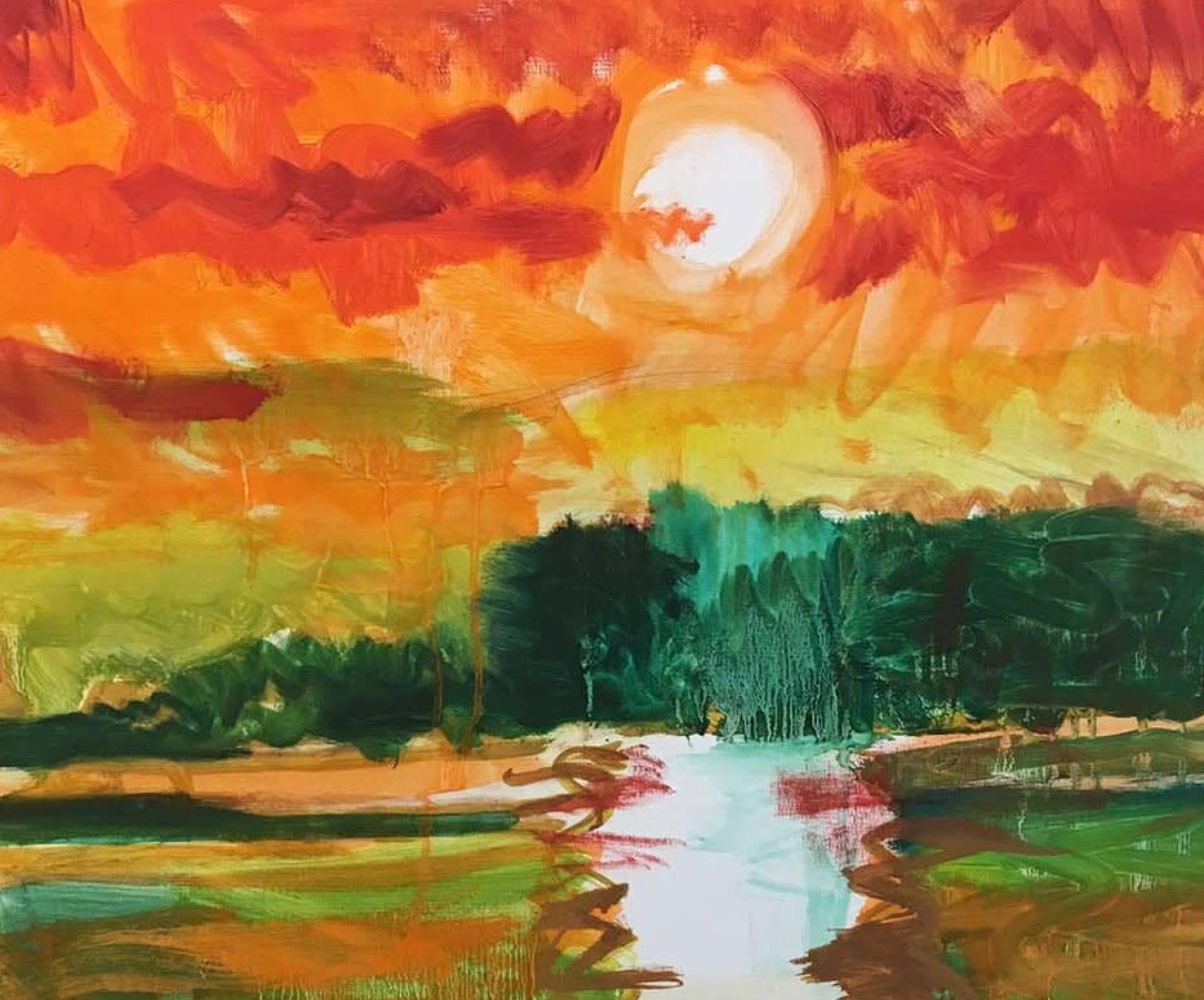 Red Sky - Brown Landscape Painting by Joe Lasker