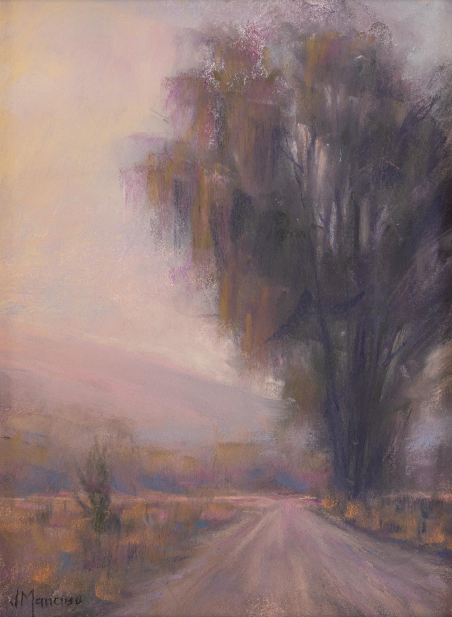 Landscape Painting de Joe Mancuso - "Levantando la Niebla" una inquietante pintura al pastel de un sendero interminable en Morgan Hill CA