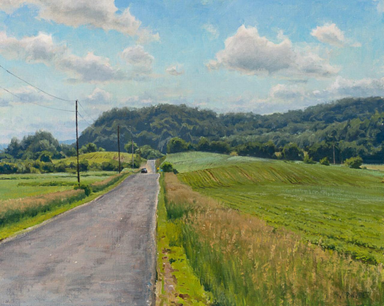 Joe Paquet  Landscape Painting - "Rural Farm Delivery" pastoral landscape oil painting, painted en plain air