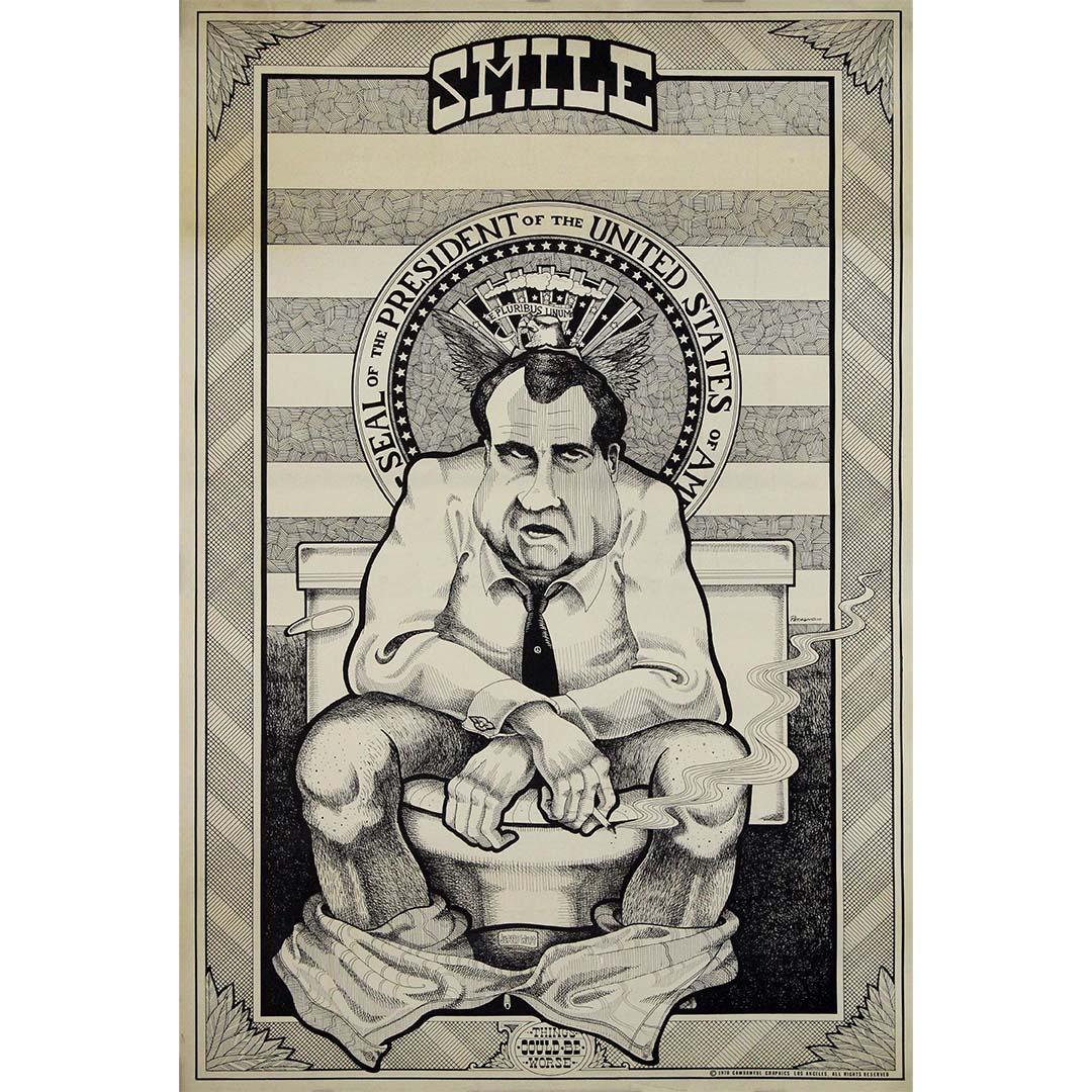 The “Smile, Things Could Be Worse” caricature poster by Joe Petagno from 1970 offers a humorous yet biting critique of President Richard Nixon. The visual imagery of Nixon sitting on a toilet, pants down, with the tagline "Smile, Things Could Be