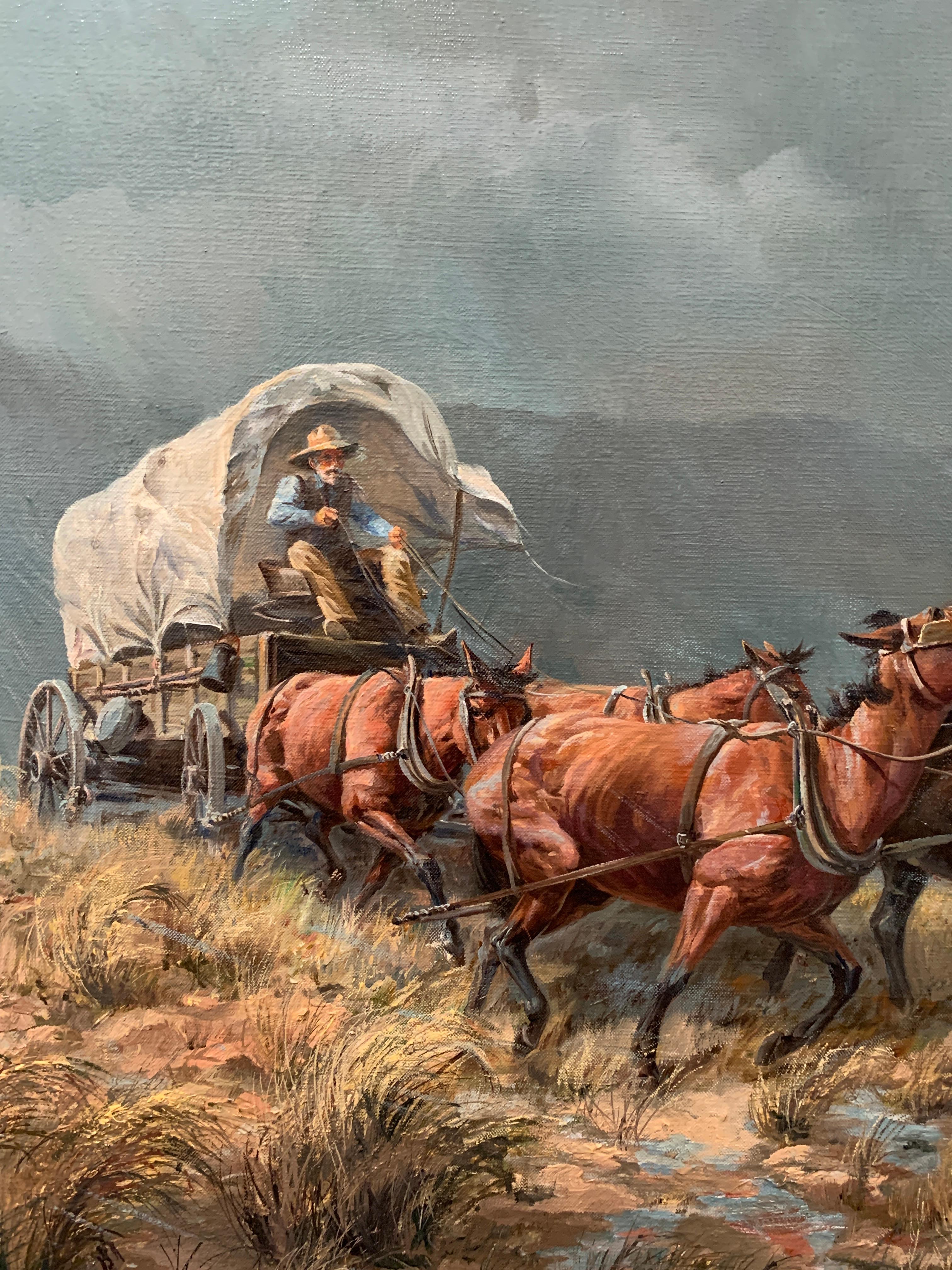 Cowboys trying to run out of the storm on this cold rainy day of cattle herding on the ranch. A cowboy in a wagon being pulled by four brown and black horses is herding the longhorns before they can sense the atmospheric pressure brought on by