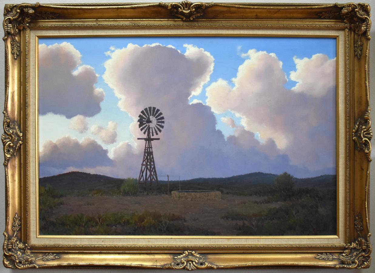 Landscape Painting Joe G. Russell - "MOULIN À VENT DE CAMPAGNE  PAYSAGE DES COLLINES DU TEXAS  WINDMILL STOCK TANK