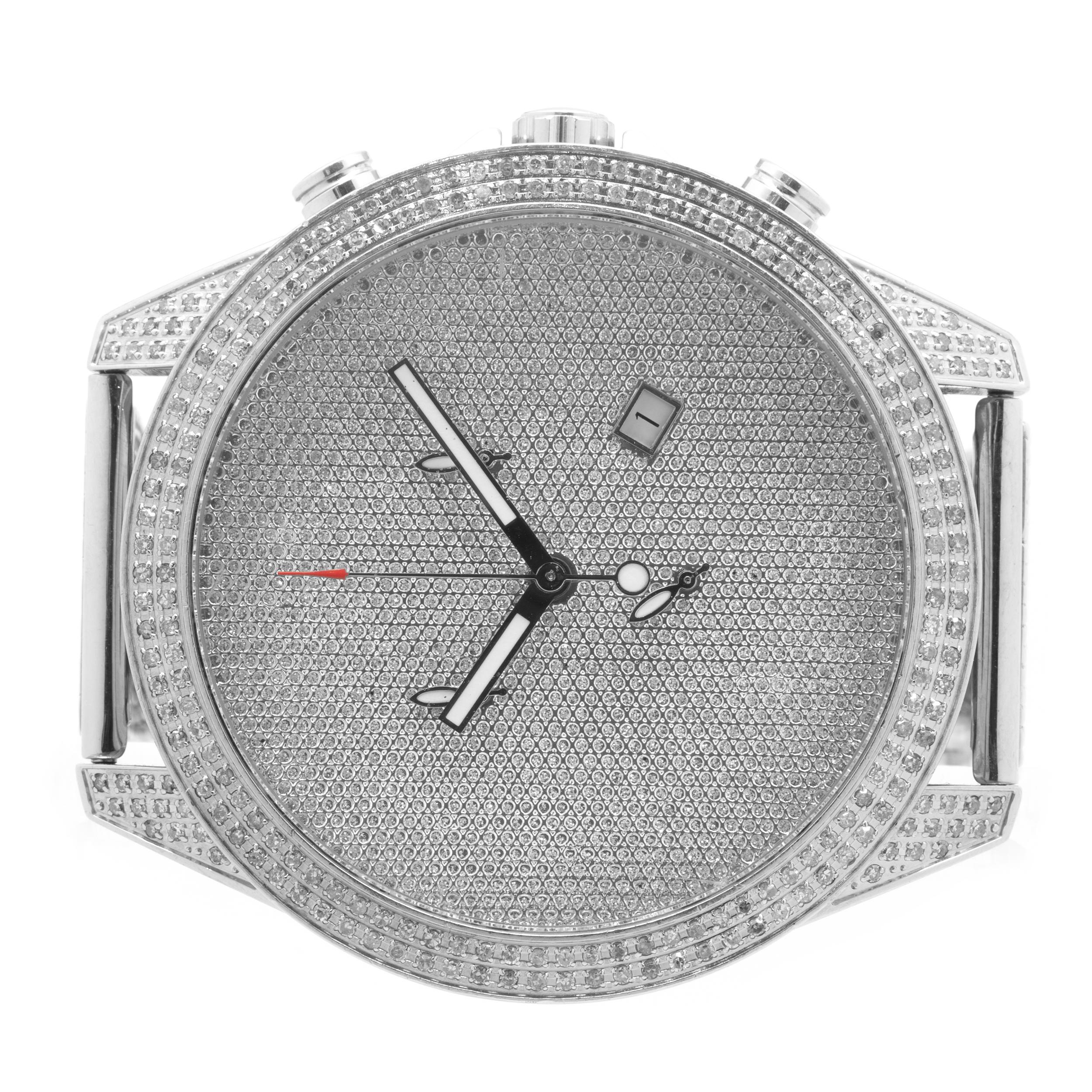 Movement: quartz
Function: hours, minutes, seconds, date, chronograph
Case: 47mm stainless steel round diamond case
Bracelet: stainless steel mesh bracelet
Dial: pave chronograph dial
Serial # JGXXX
Reference # Glory

 No box or papers