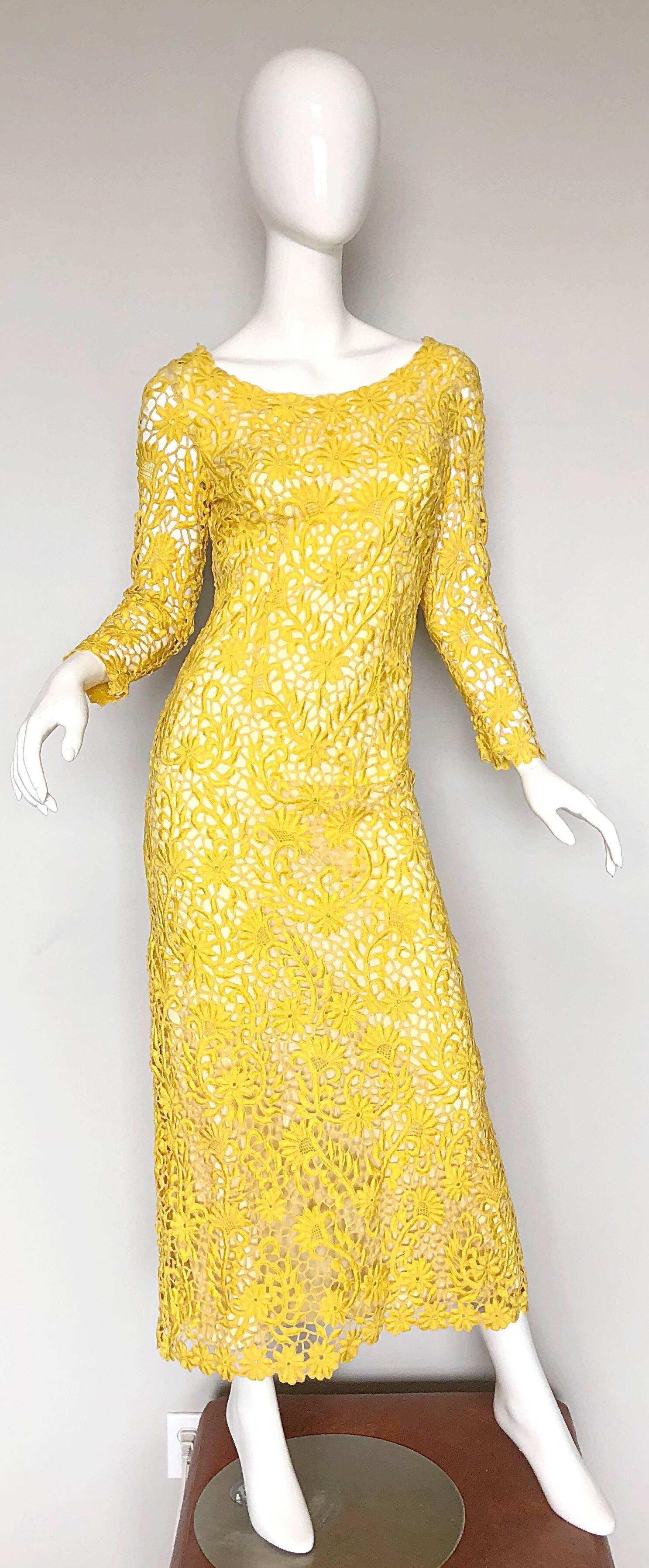 Rare and absolutely fabulous 1960s JOE SALAZAR canary yellow hand crochet long sleeve maxi dress! Joe Salazar was the premiere designer in the Philippines in the 60s and 70s, and was the go-to guy for Filipino royalty and celebrities. 
This gem is a