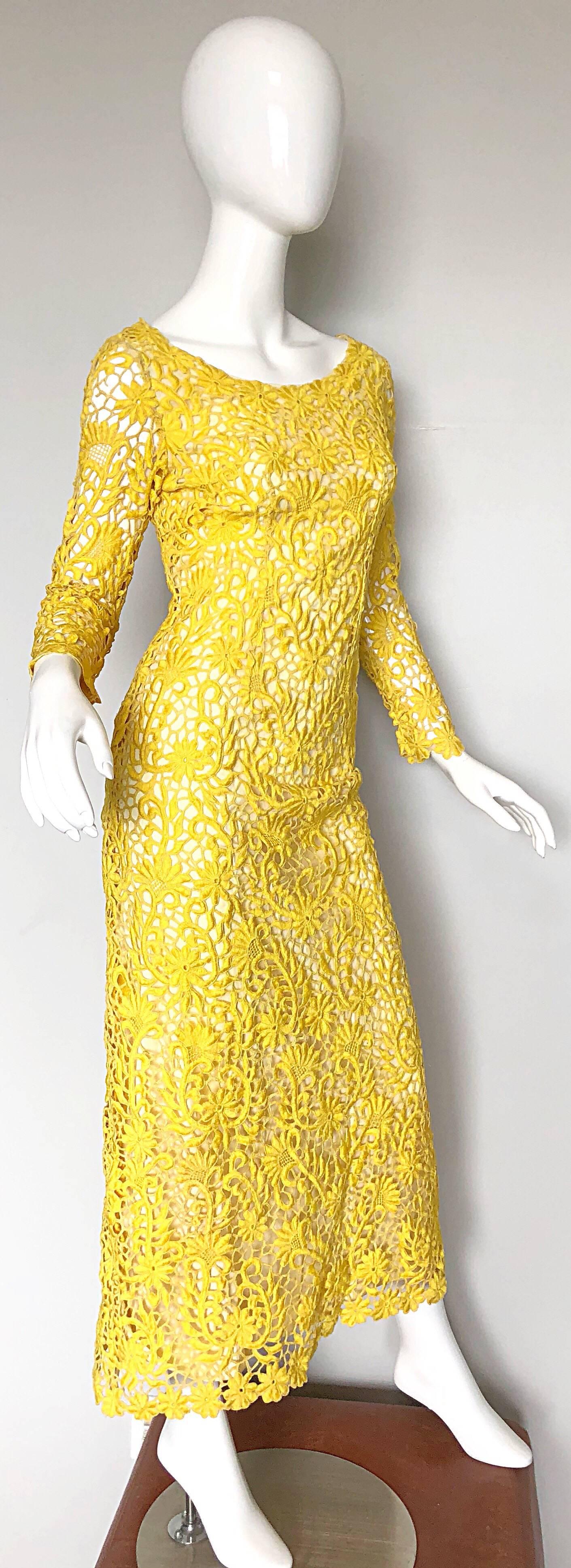 1960s Joe Salazar Rare Canary Yellow Hand Crochet Vintage 60s Maxi Dress Gown In Excellent Condition In San Diego, CA