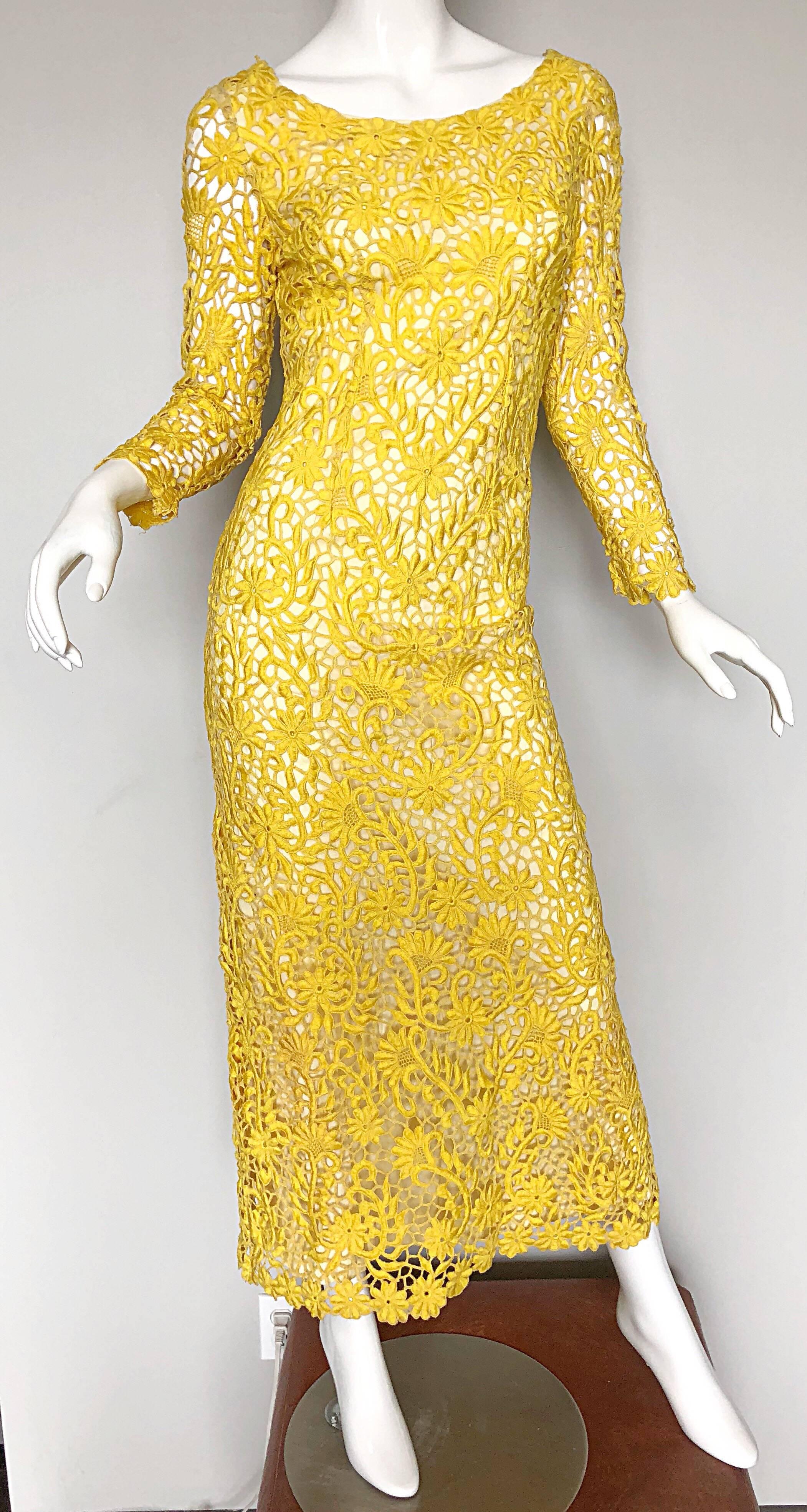 Women's 1960s Joe Salazar Rare Canary Yellow Hand Crochet Vintage 60s Maxi Dress Gown