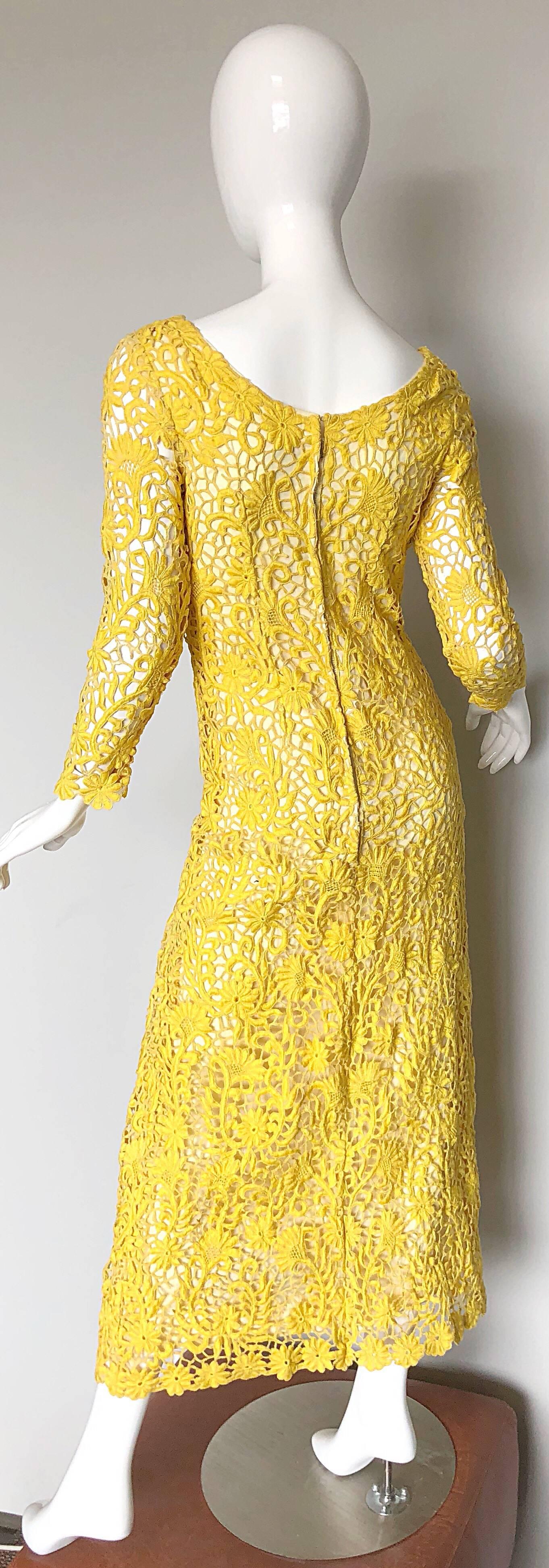 1960s Joe Salazar Rare Canary Yellow Hand Crochet Vintage 60s Maxi Dress Gown 1