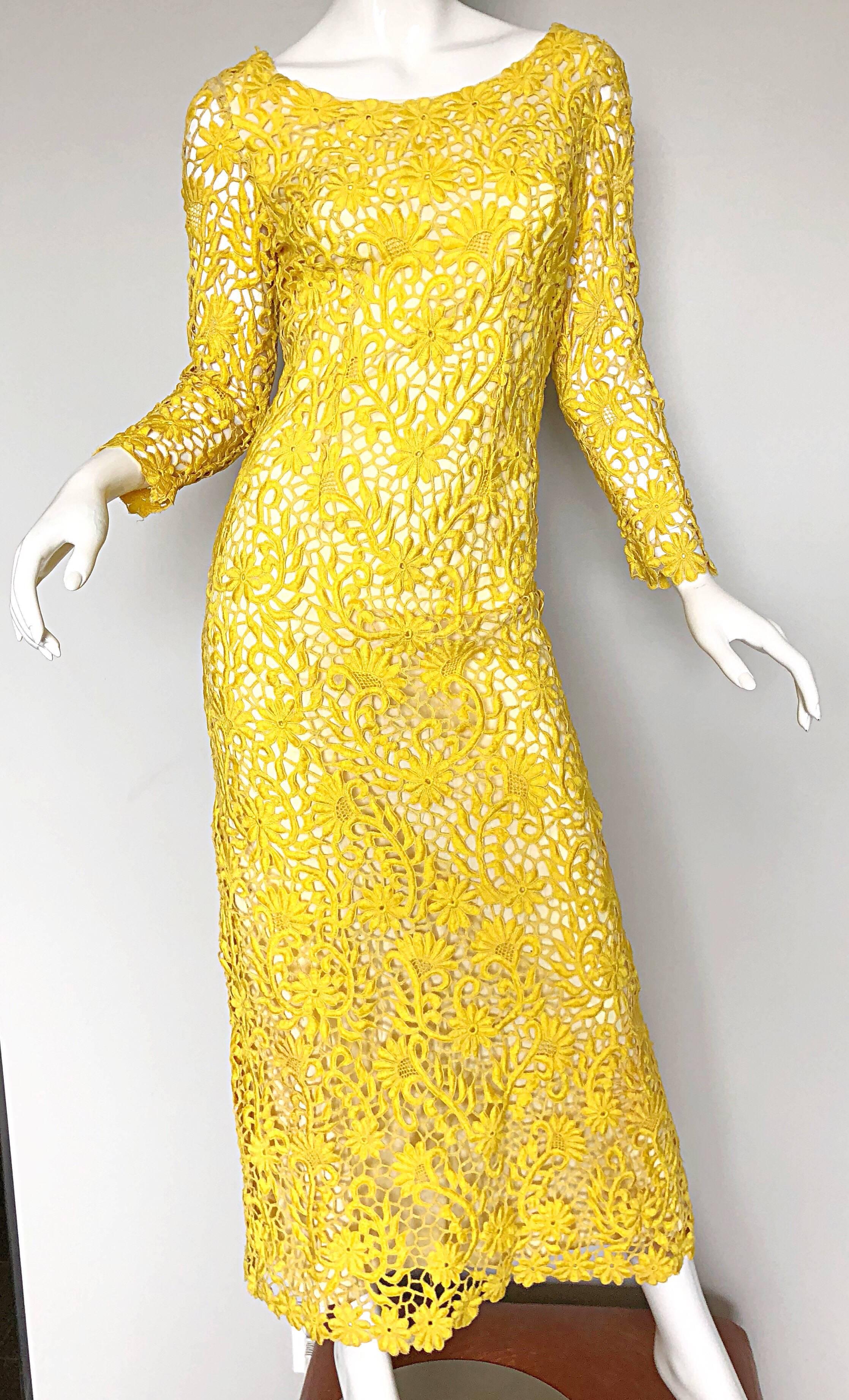 1960s Joe Salazar Rare Canary Yellow Hand Crochet Vintage 60s Maxi Dress Gown 2