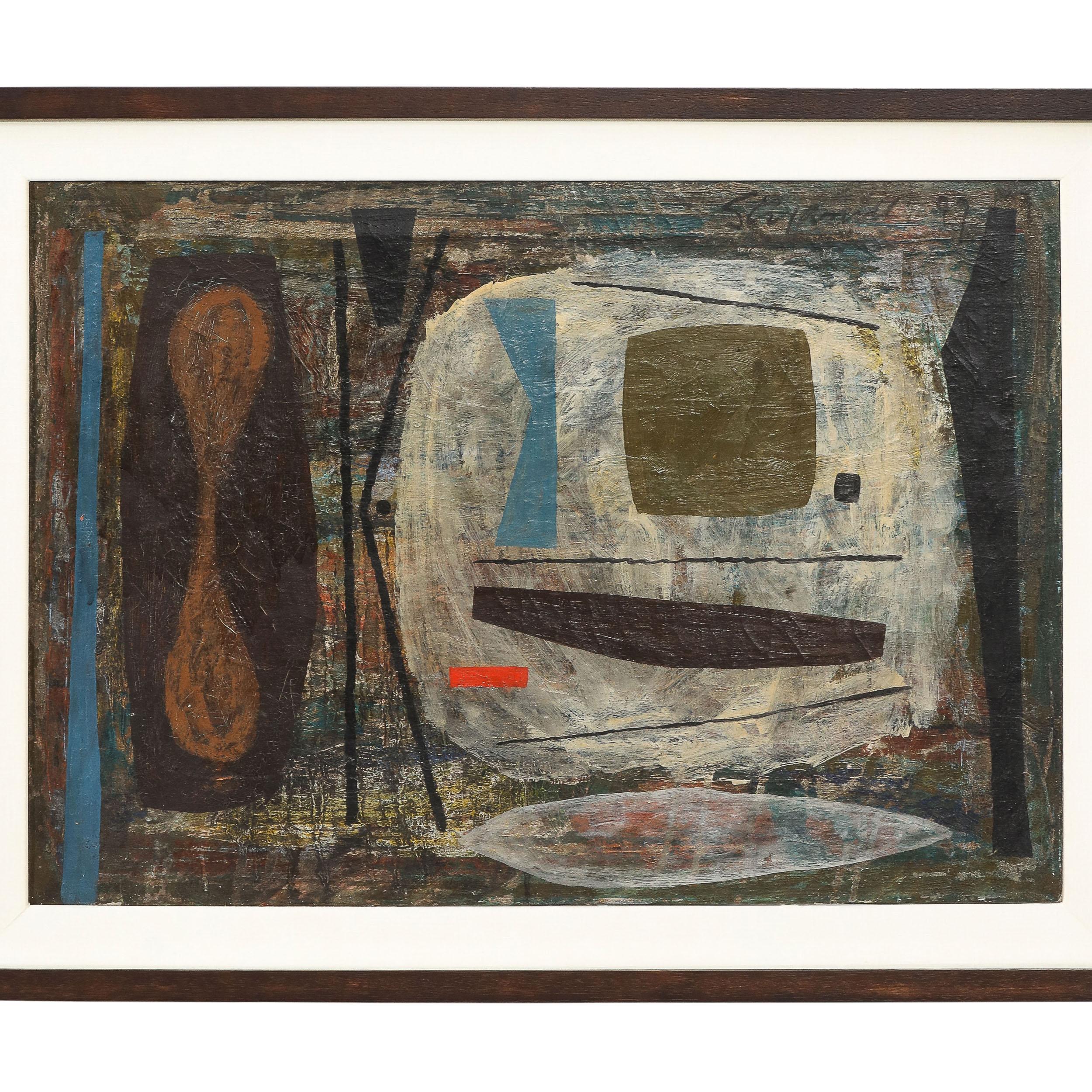 This Untitled Abstract Composition in Oil on Canvas signed Joe Stefanelli is a gem of Mid-Century American Abstraction. This painting brilliantly exemplifies the approach and movement of the New York School of Abstract Expressionists which