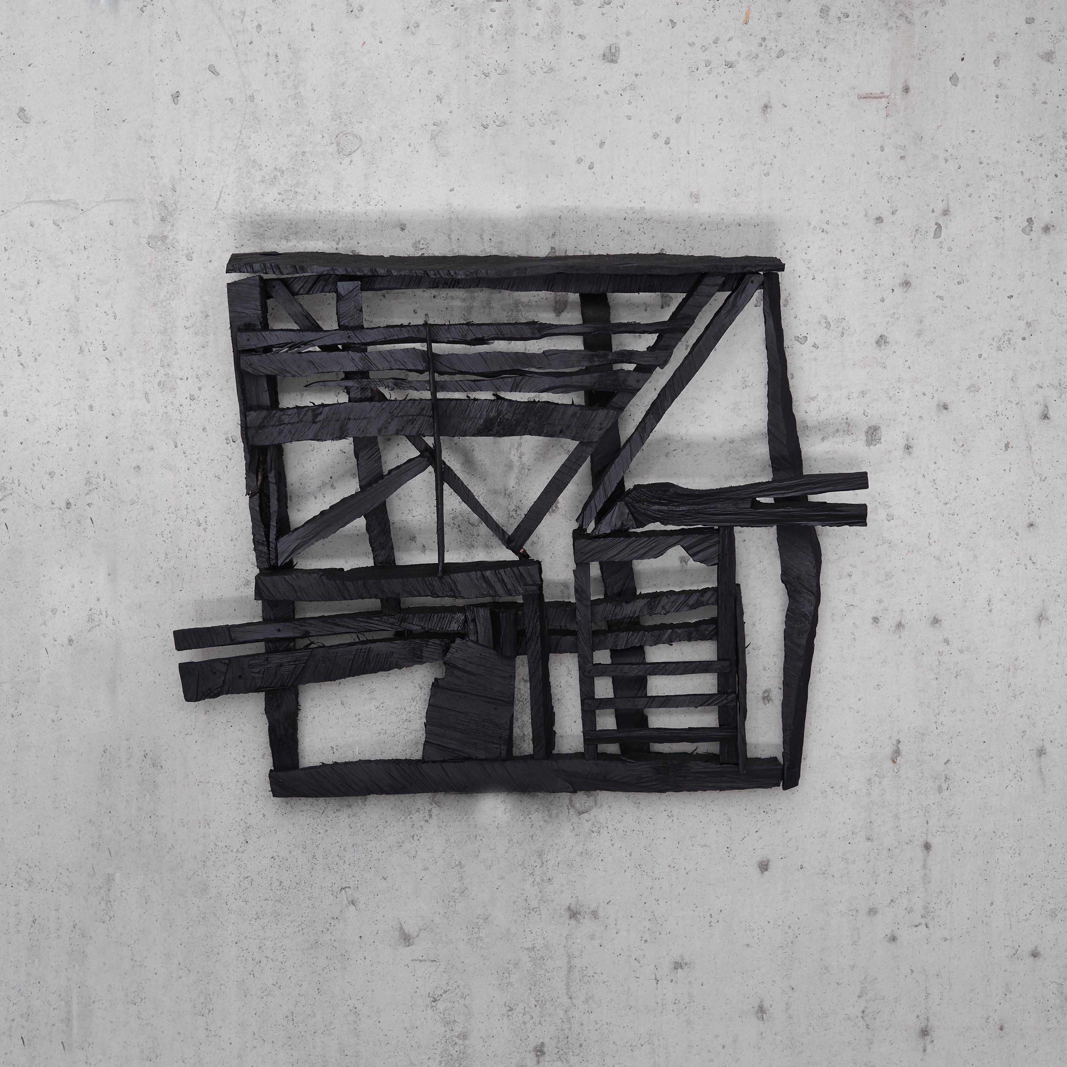 Joe Sultan Abstract Sculpture - 2 Dollar Pistol, black abstract geometric wooden sculpture