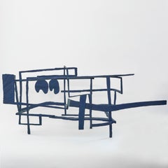 Hands Down, blue abstract geometric wooden sculpture