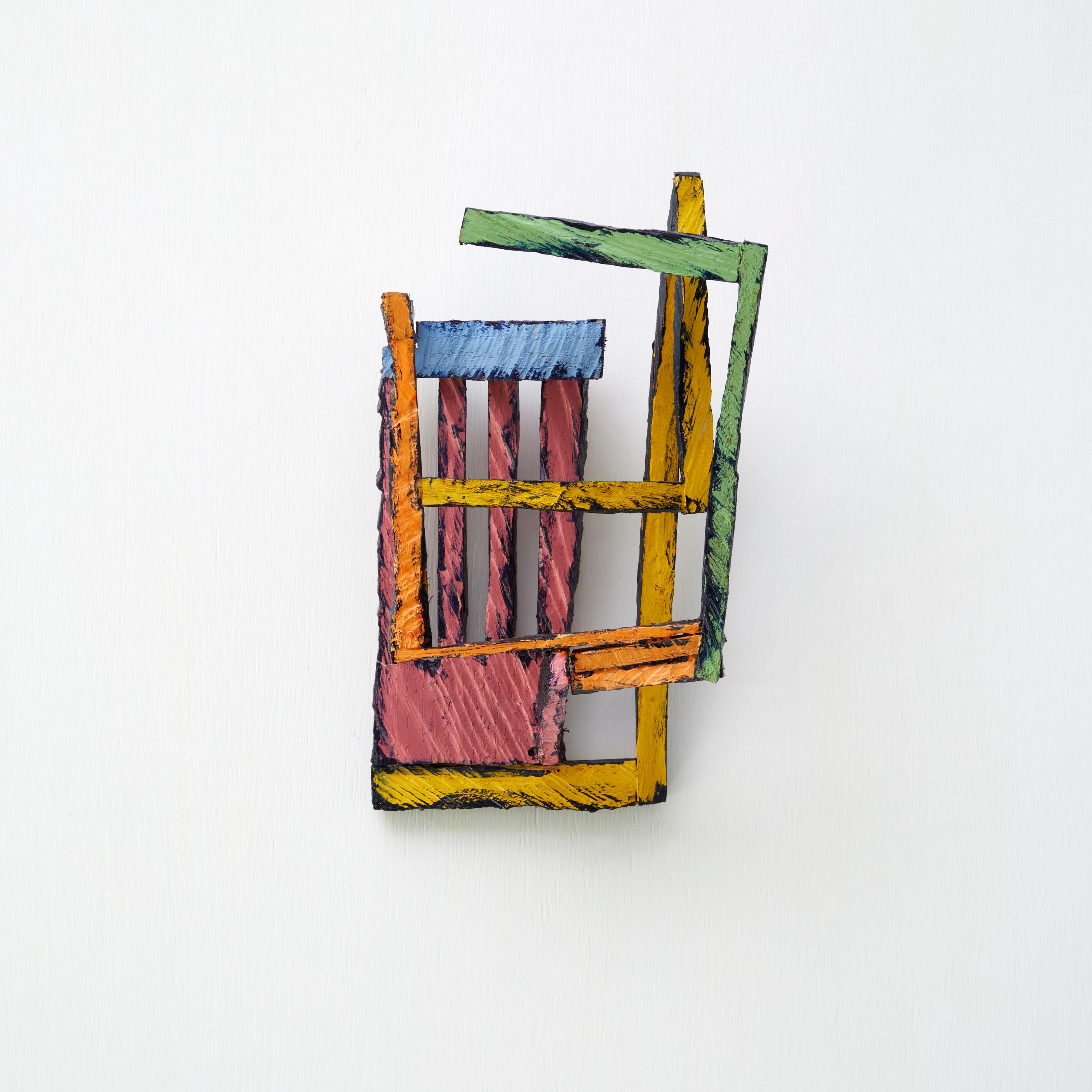 Joe Sultan Abstract Sculpture - L7, bright multicolored abstract geometric wooden sculpture