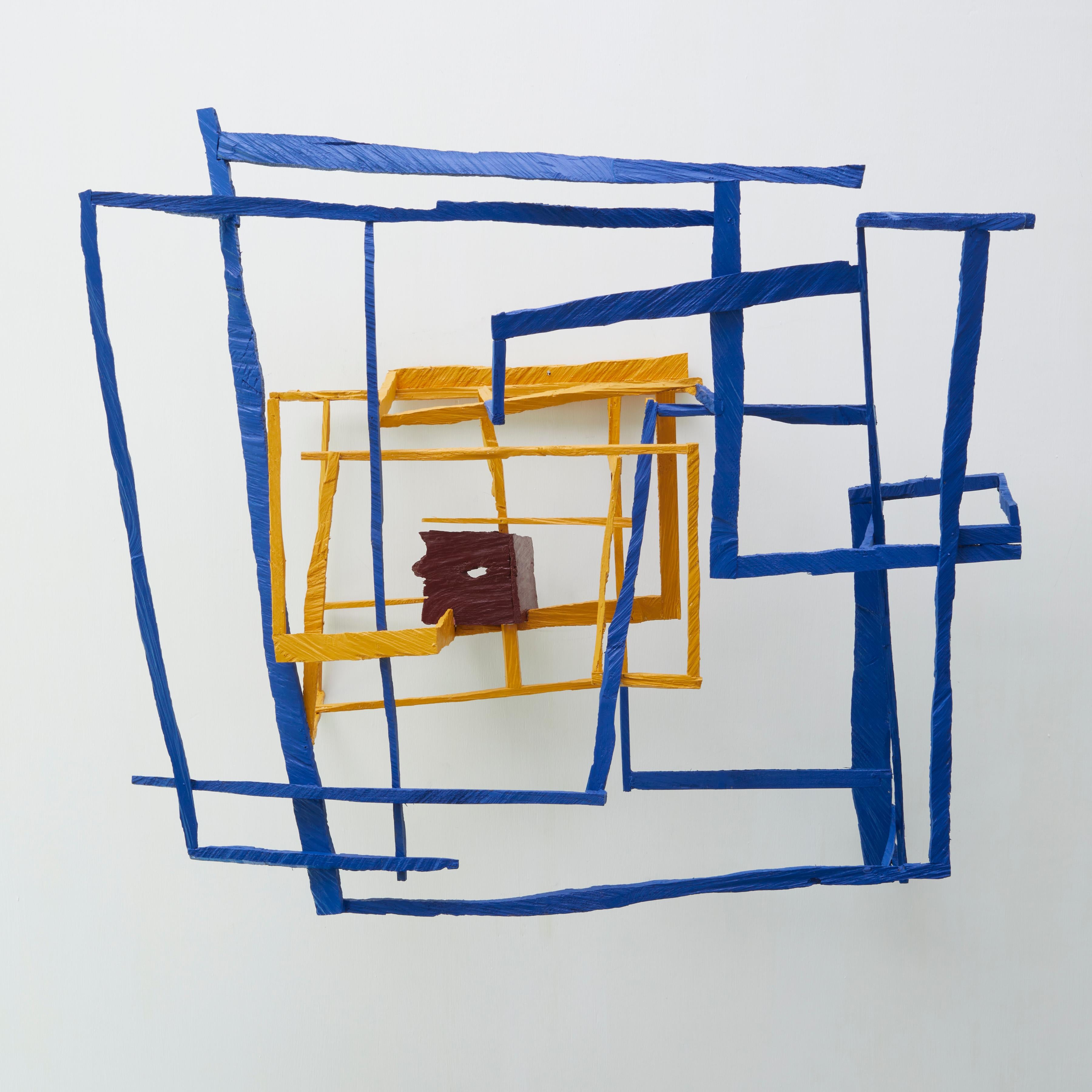 Joe Sultan Abstract Sculpture - No Rain, No Rose, blue and yellow abstract geometric wooden sculpture