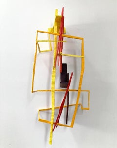 On the Other Hand, red and yellow geometric wooden sculpture