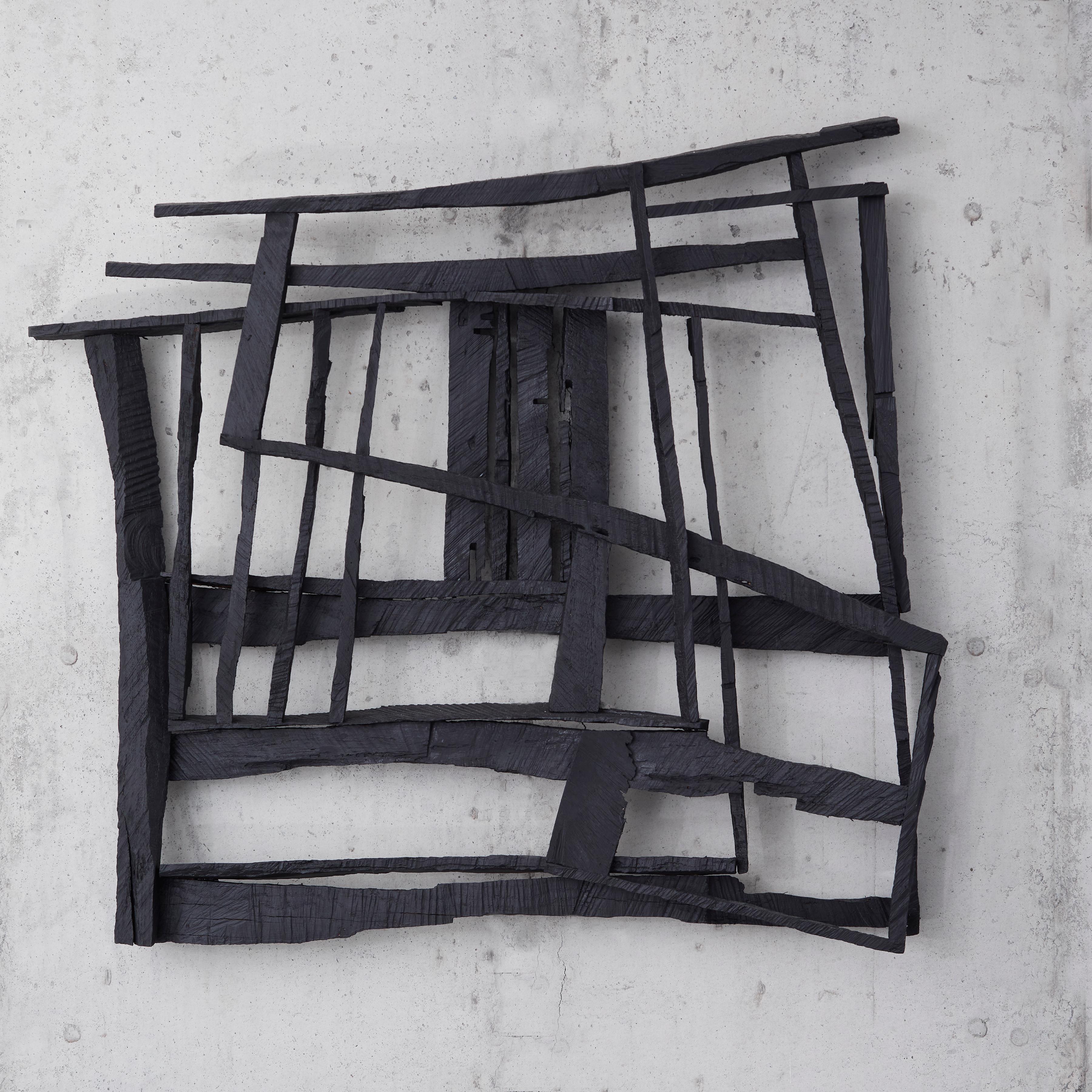 Joe Sultan Abstract Sculpture - Sunlight Shot Through Barbed Wire, black abstract geometric wooden sculpture