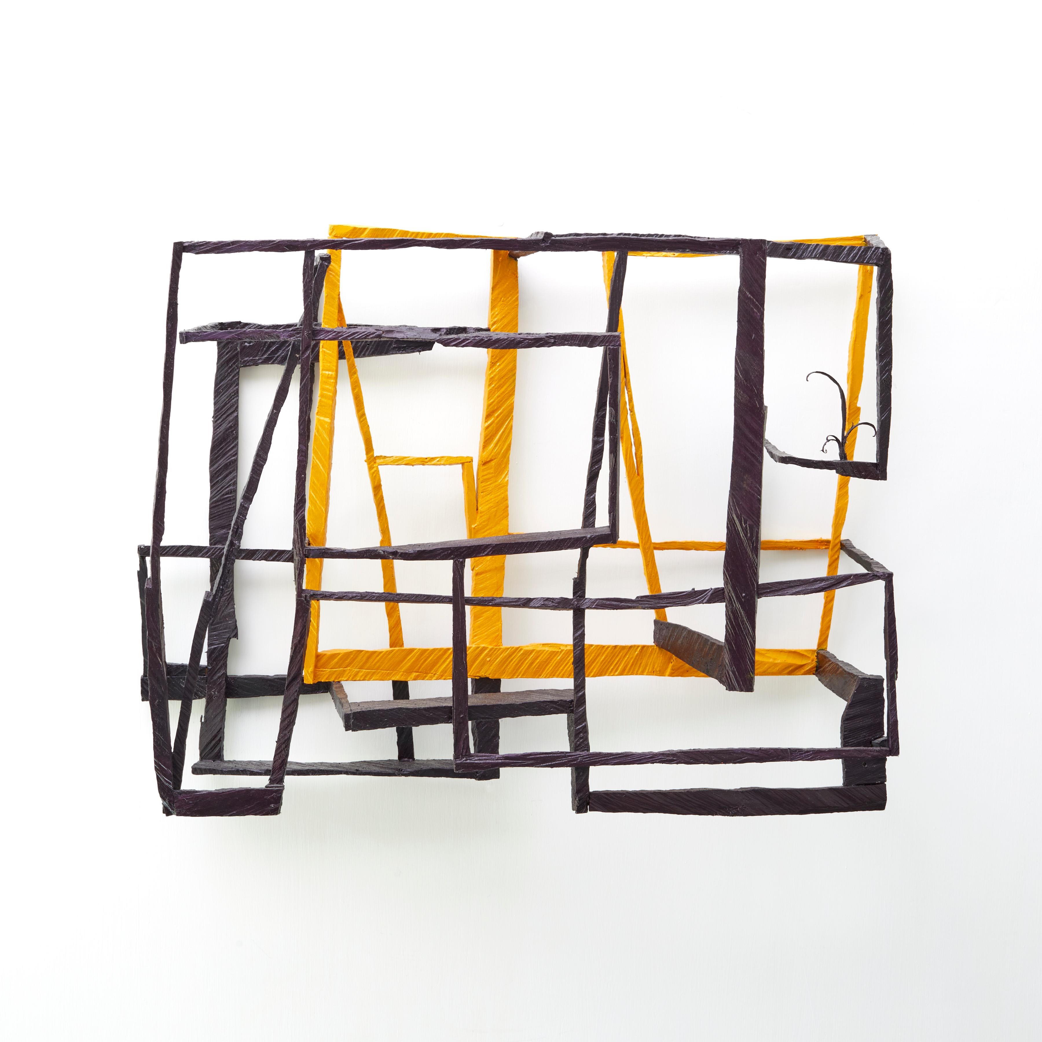 Joe Sultan Abstract Sculpture - Walking Sticks, yellow and black abstract geometric wooden sculpture