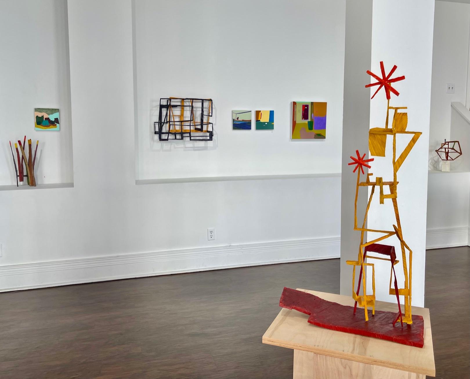 Walking Sticks, yellow and black abstract geometric wooden sculpture - Sculpture by Joe Sultan