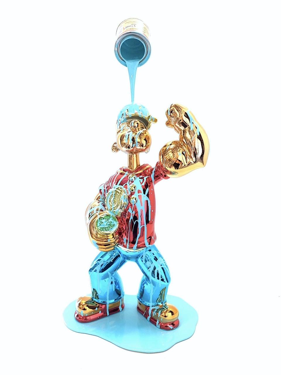 Joe Suzuki Figurative Sculpture - "Happy Accident Koons Popeye" red and blue resin enamel metal pop art sculpture 