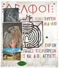 Delphic Oracle collage by Joe Tilson with Greek writing and mythology