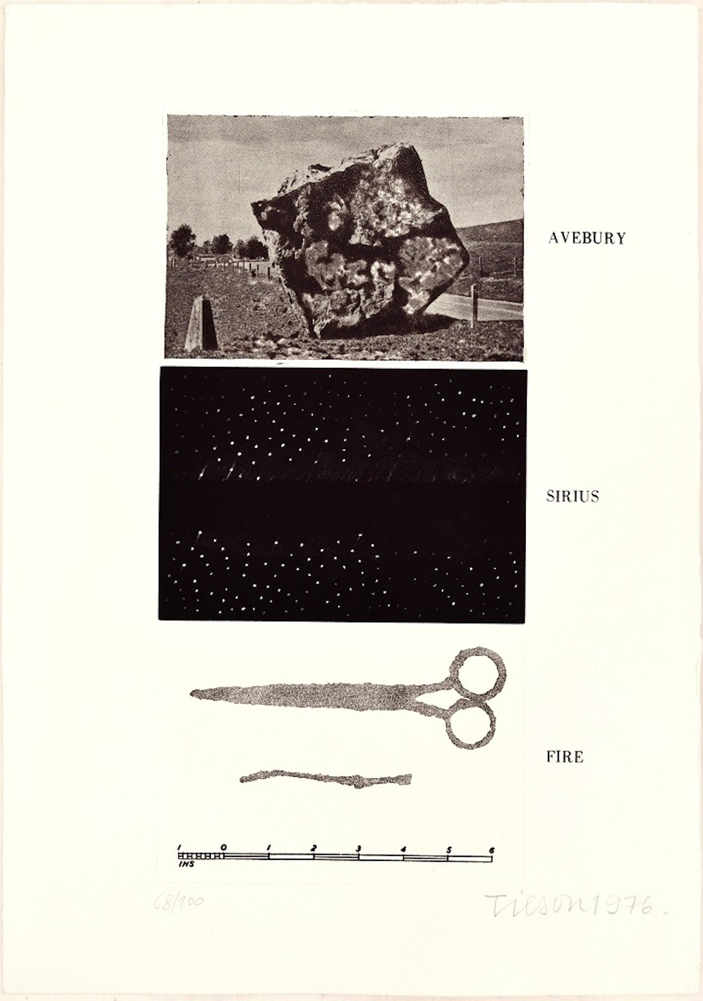 Avebury, Sirius, Fire is an interesting black and white etching on Fabriano watermarked paper, realized in 1976 by the English pop artist, Joe Tilson.

Hand-signed, dated and numbered in pencil on lower margin. Edition of 100 prints. From the Wessex