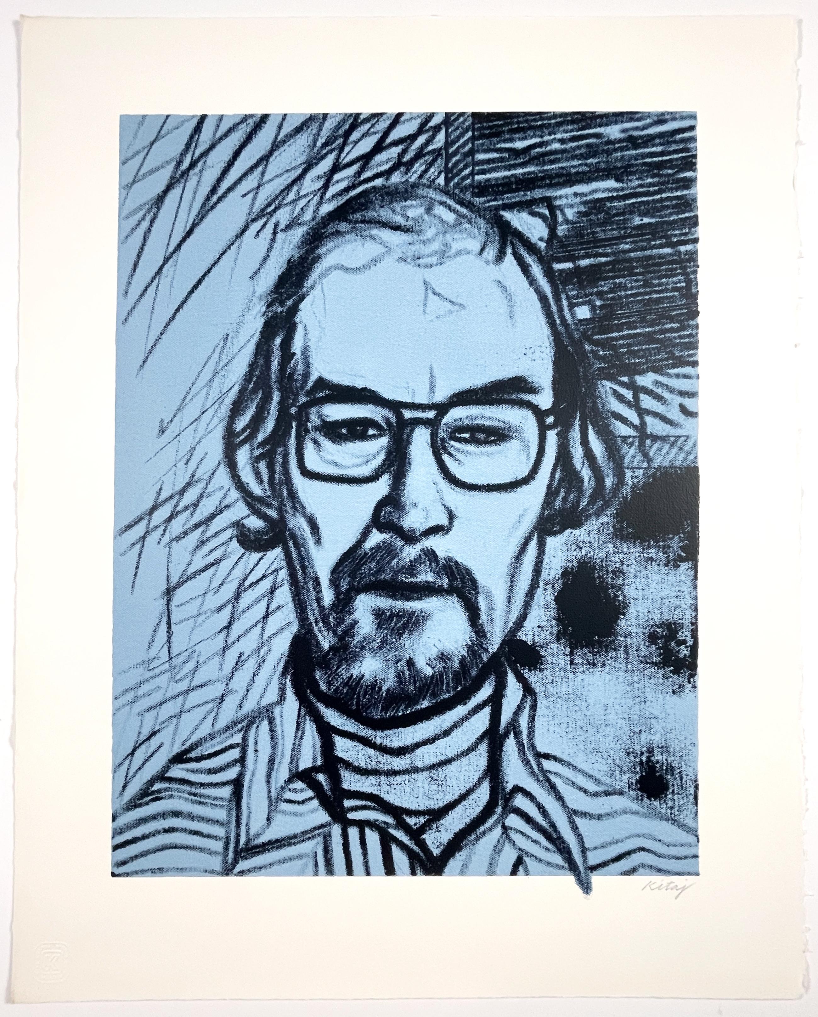 Joe Tilson Portrait Print - Chris by R.B.Kitaj printer portrait in blue founder of Kelpra studio