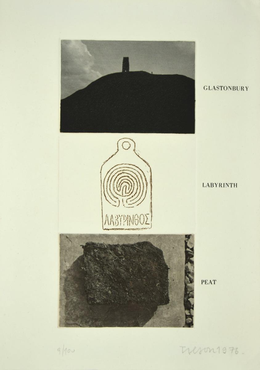 Glastonbury, Labyrinth, Peat is a black and white etching on rosaspina Fabriano watermarked paper, realized in 1976 by the English Pop artist Joe Tilson, and published by La Nuova Foglio, a publishing house of Macerata, as the dry-stamp reports on
