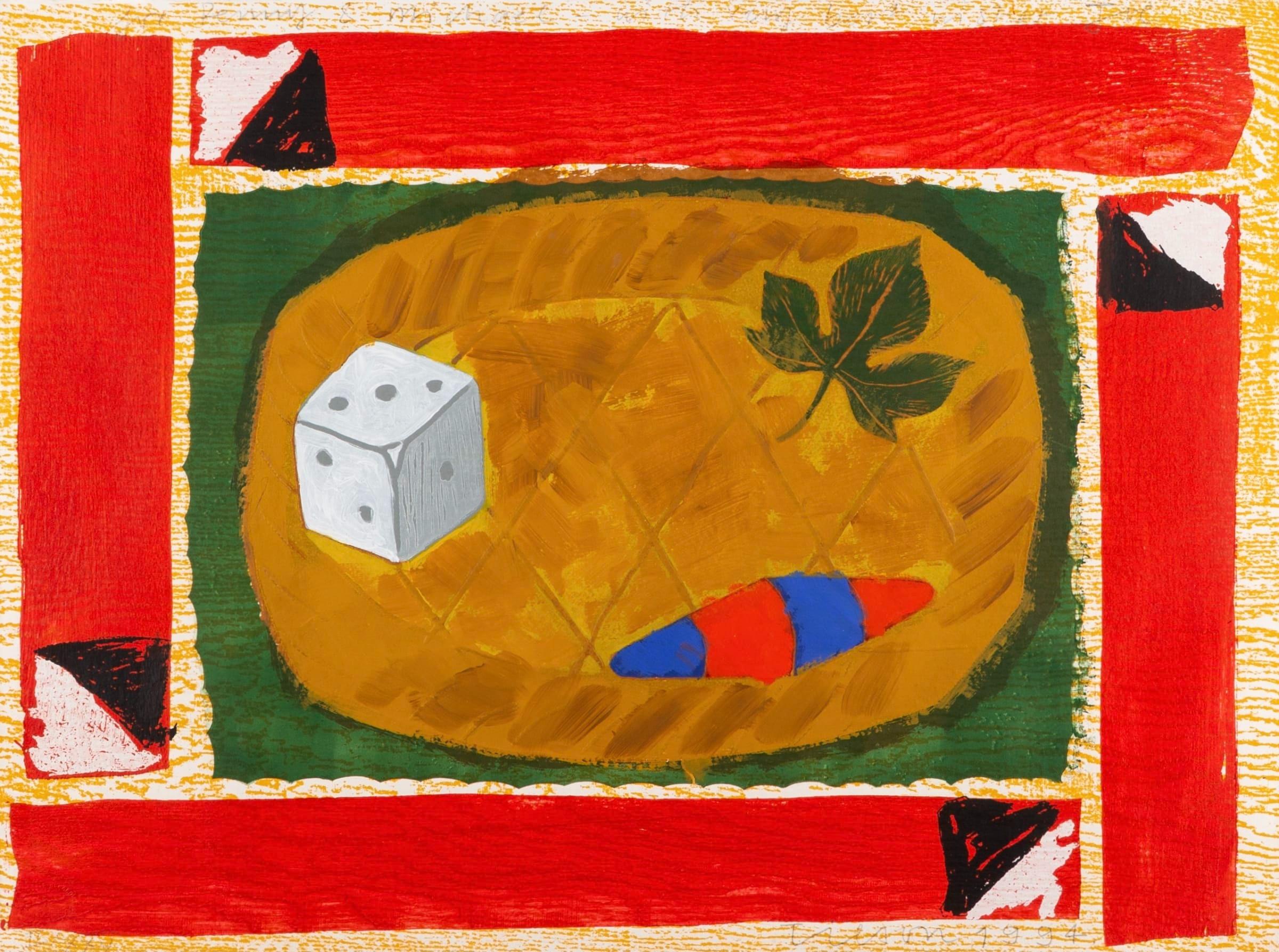 Joe Tilson Still-Life Print - Liknon, Graphic Still Life Print with Dice and Leaf, in Red and Green, 1994