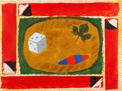 Liknon, Stampa grafica di natura morta con dadi e foglie, in rosso e verde, 1994