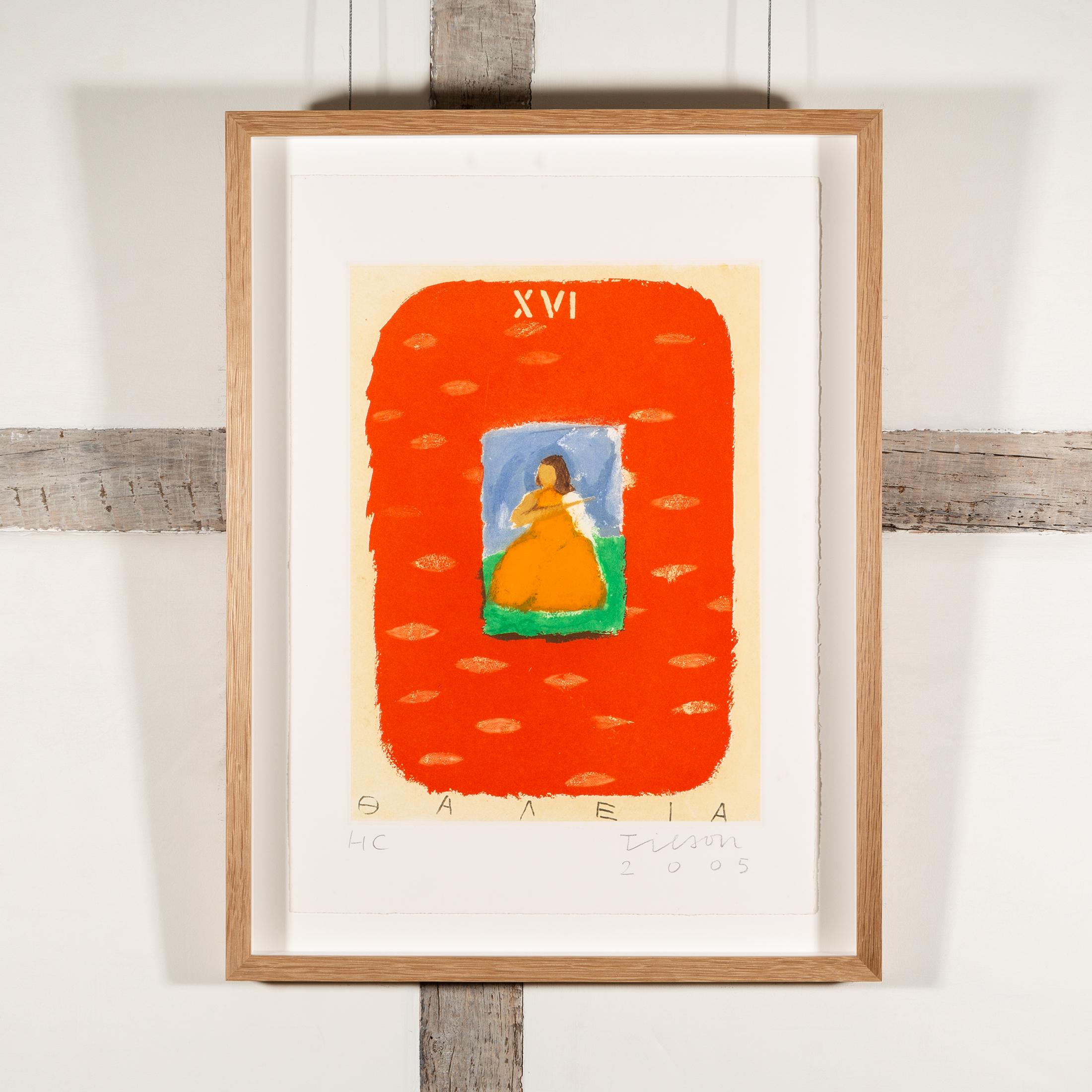 Thalia, de las Nueve Musas - Impresión aguatinta roja, naranja y blanca con figura - Print de Joe Tilson