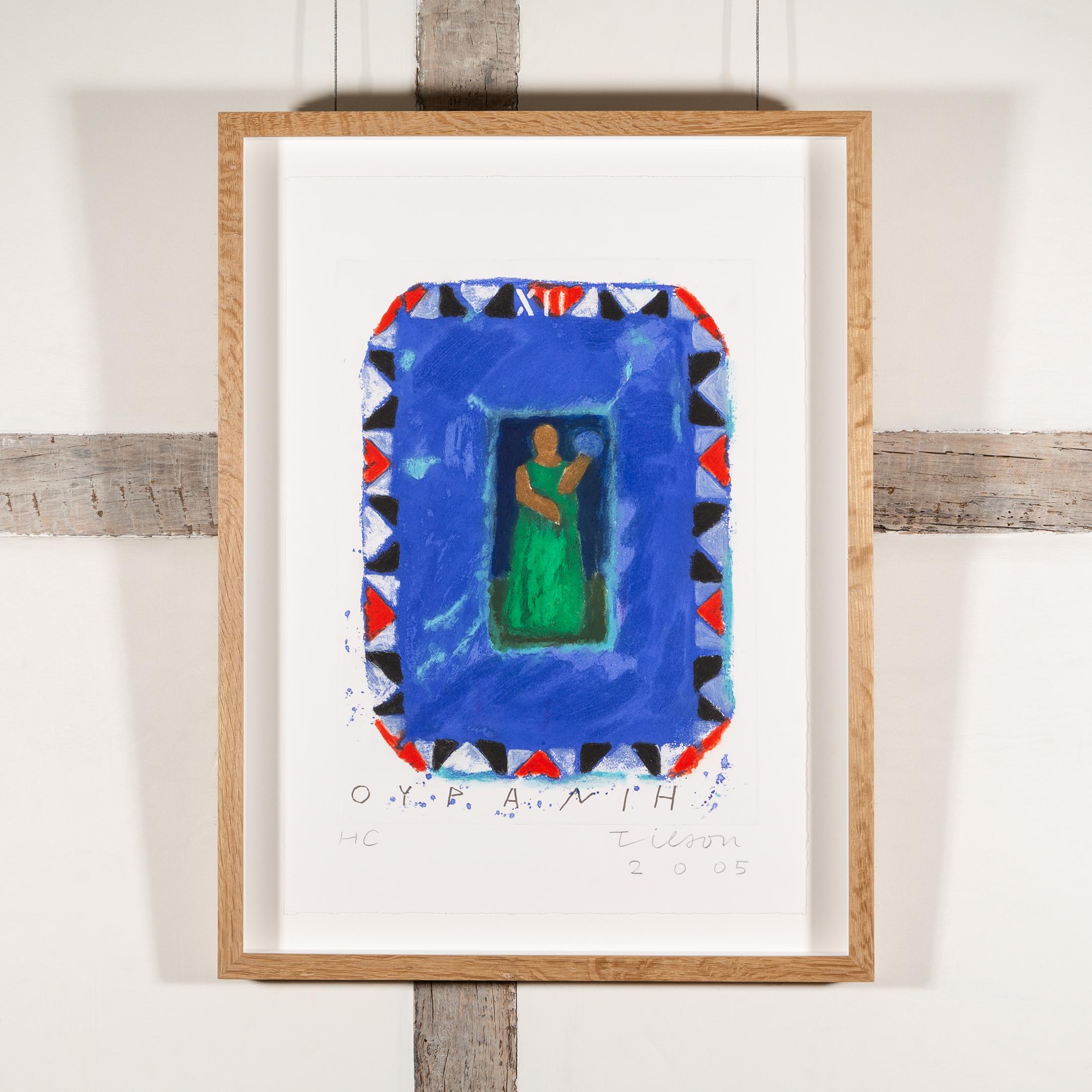 Uranie, des Neuf Muses - Gravure contemporaine colorée bleue avec personnage - Print de Joe Tilson