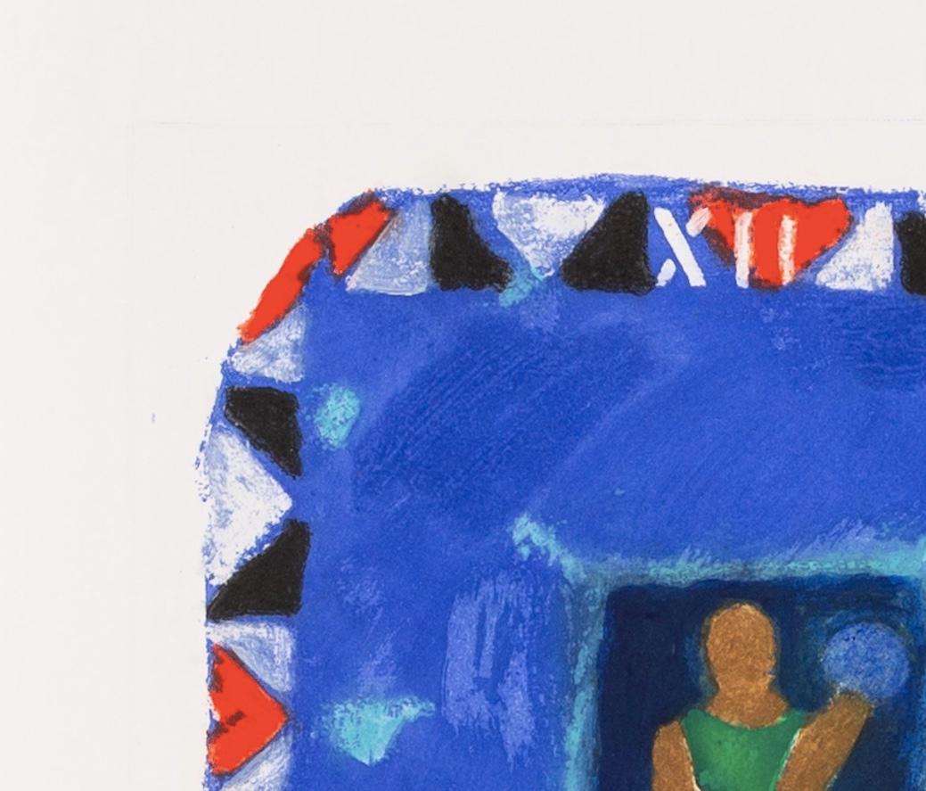 Uranie, des Neuf Muses - Gravure contemporaine colorée bleue avec personnage - Gris Figurative Print par Joe Tilson