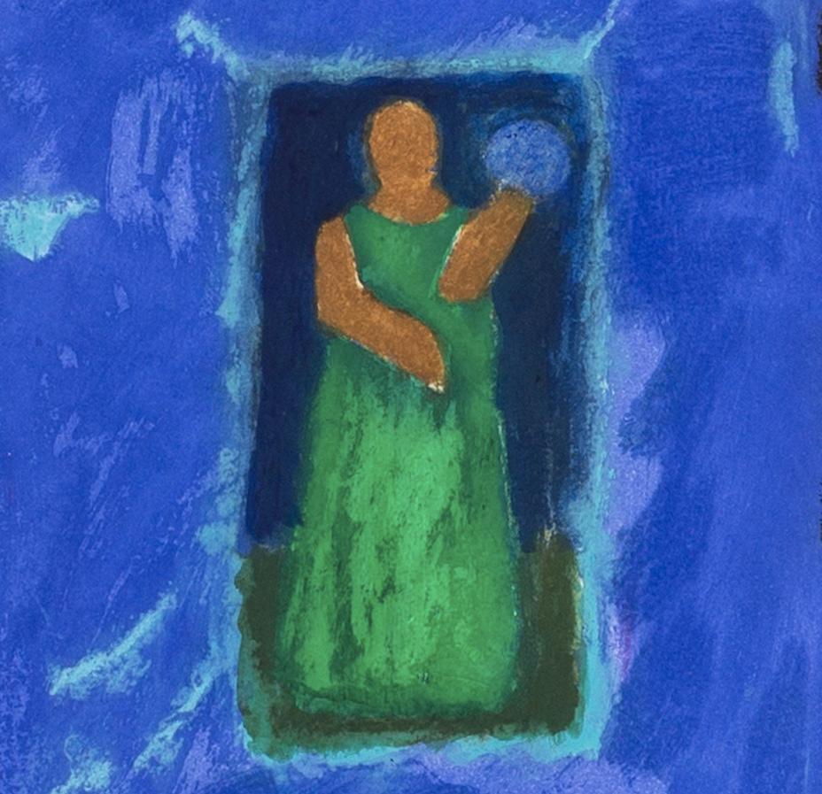 Uranie, des Neuf Muses - Gravure contemporaine colorée bleue avec personnage en vente 1