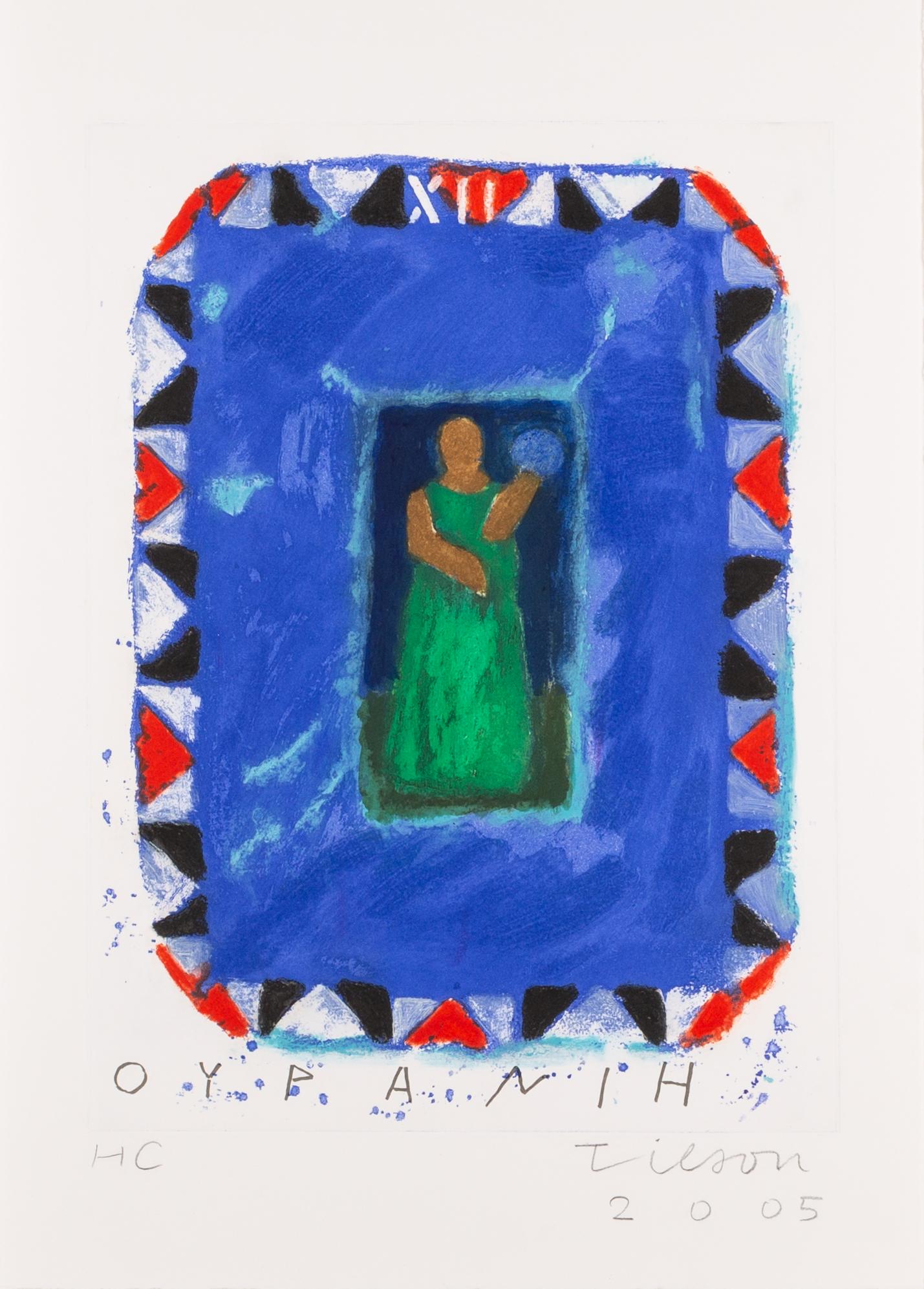 Figurative Print Joe Tilson - Uranie, des Neuf Muses - Gravure contemporaine colorée bleue avec personnage