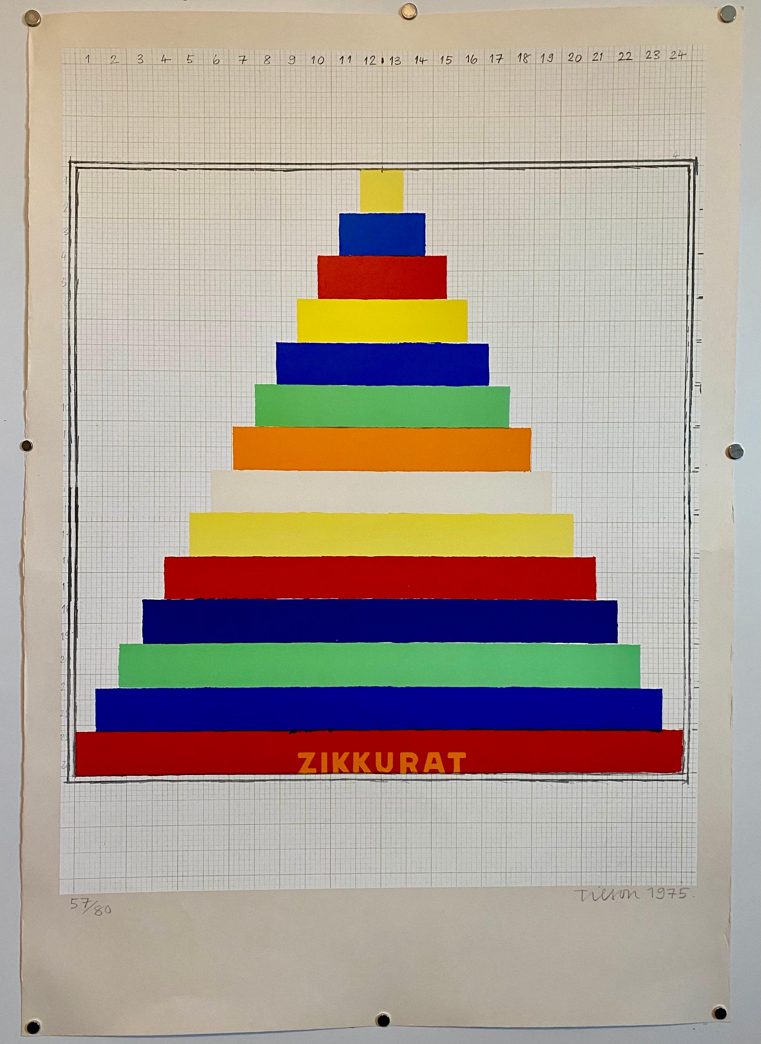 Silkscreen screenprint. Hand signed and numbered. A pyramid or ziggurat in vibrant colors of blue, red, yellow, orange and green on heavy paper 

Joseph Charles Tilson RA (born 24 August 1928 in London) is an English pop art painter, sculptor and