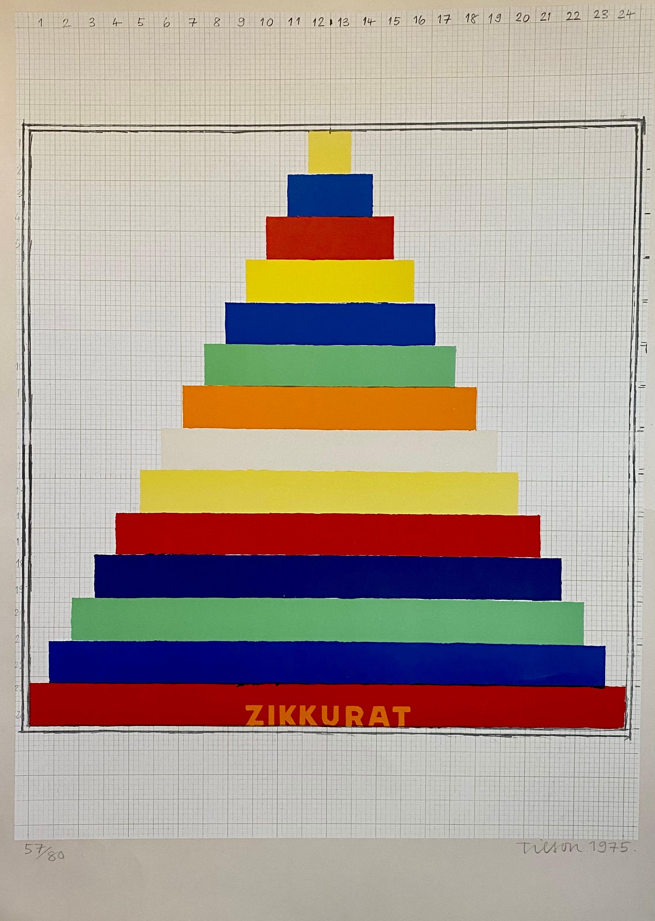Serigrafia. Firmato a mano e numerato. Una piramide o ziggurat dai colori vivaci di blu, rosso, giallo, arancione e verde su carta pesante. 

Joseph Charles Tilson RA (nato il 24 agosto 1928 a Londra) è un pittore, scultore e stampatore pop art