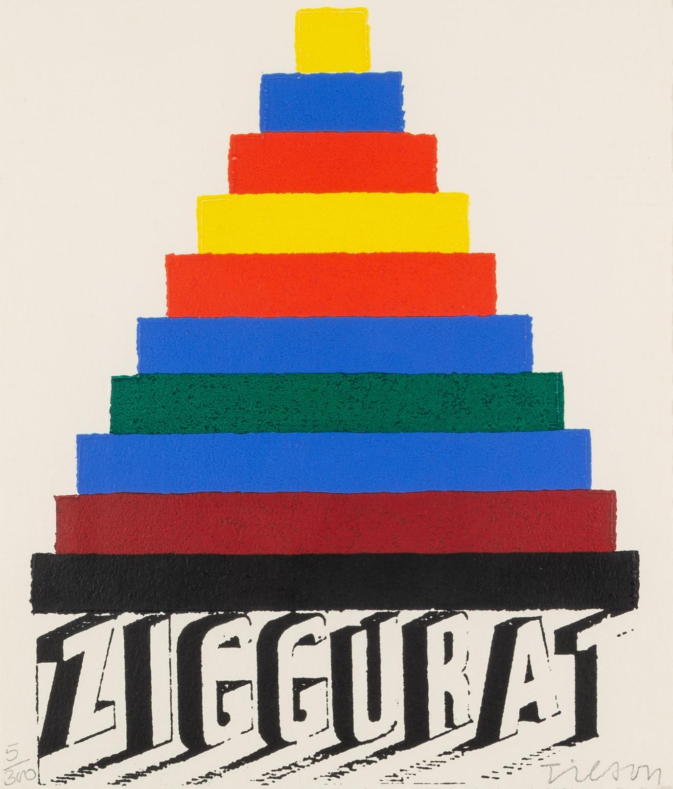 Joe Tilson 1928-2023
Ziggurat, Zoomate Print, 2002
silkscreen
27.8 x 23.5 cm
11 x 9 1/4 in
signed and numbered 5/300 in pencil

After serving in the Royal Air Force (1946–49), Tilson studied at St Martin's School of Art (1949–52) and the Royal